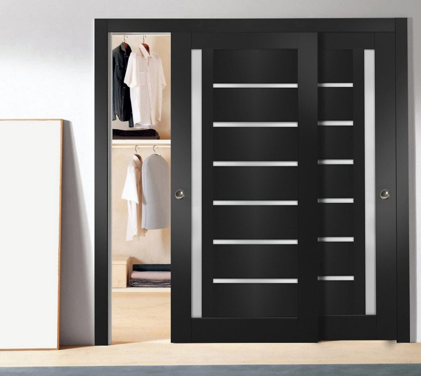 Sliding Closet Door SARTODOORS Quadro 4088 Bypass Interior Doors with Frosted Glass, MDF, 36x80, Black, Modern Style Hardware Included