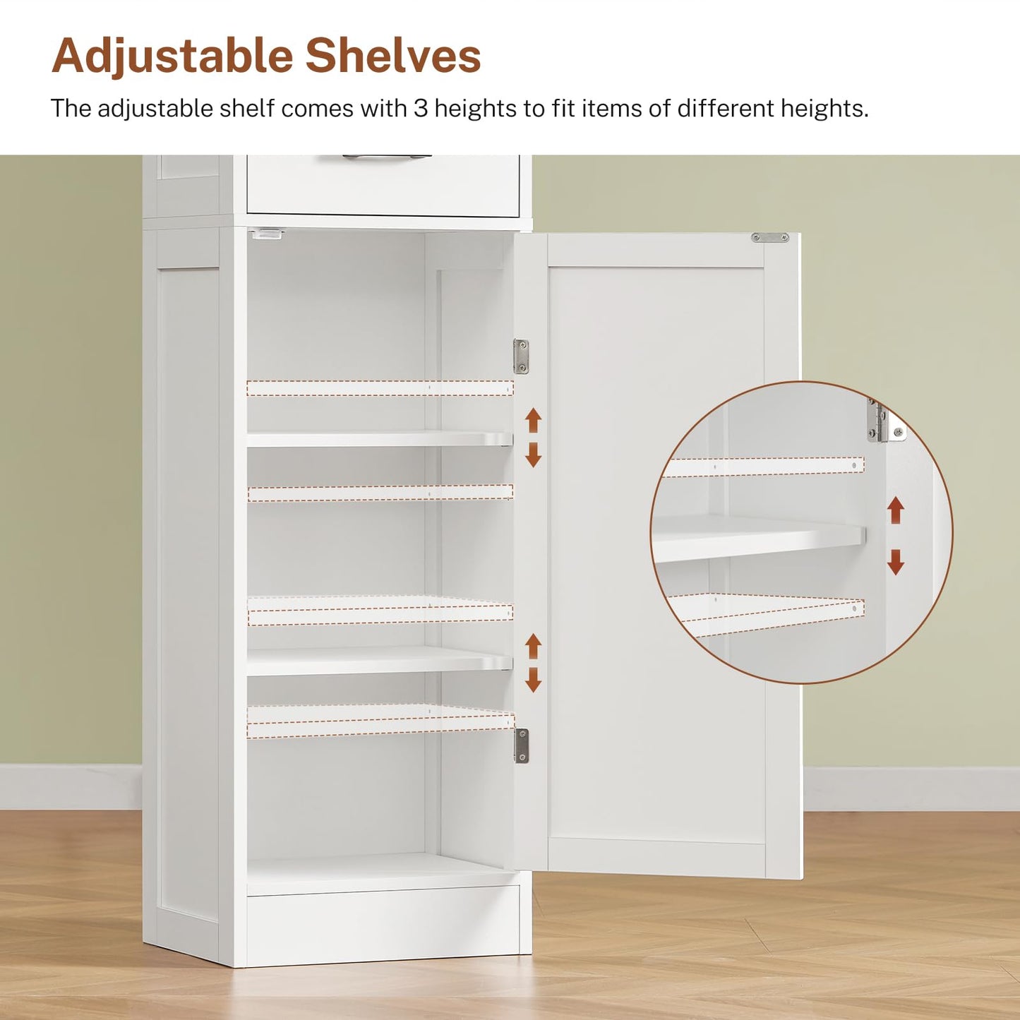 TEENFON Tall Storage Cabinet with 3 Door Shelves & 1 Drawer, Narrow Kitchen Pantry Cabinet for Living Room, Bathroom, Entryway, White