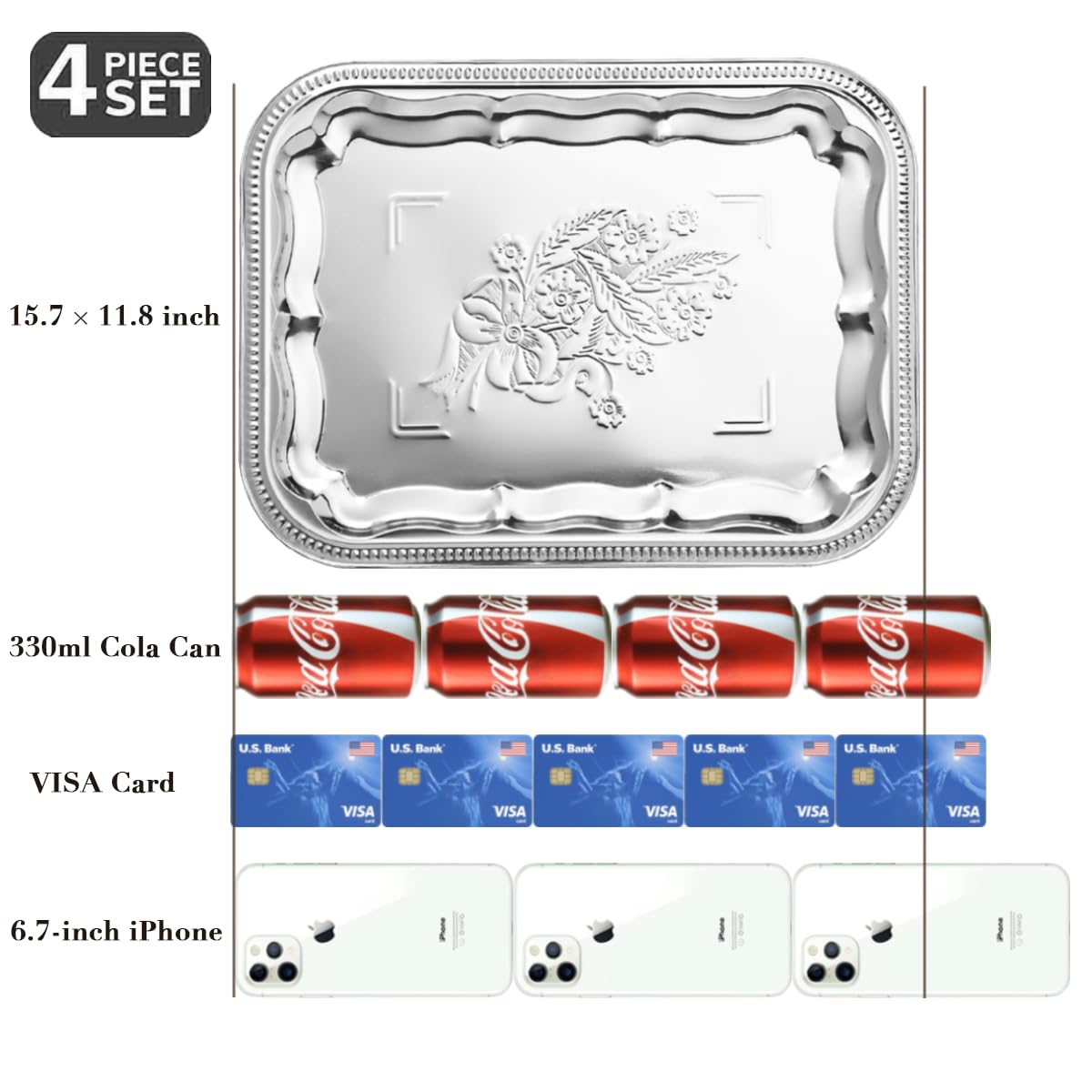 4-Pack 15.7" x 11.8" Silver Serving Trays for Party Set - Floral Engraved Serving Platters, Wedding Birthday Mirror Tray for Summer BBQ, Food, Appetizer, Charcuterie, Cookies, Desserts