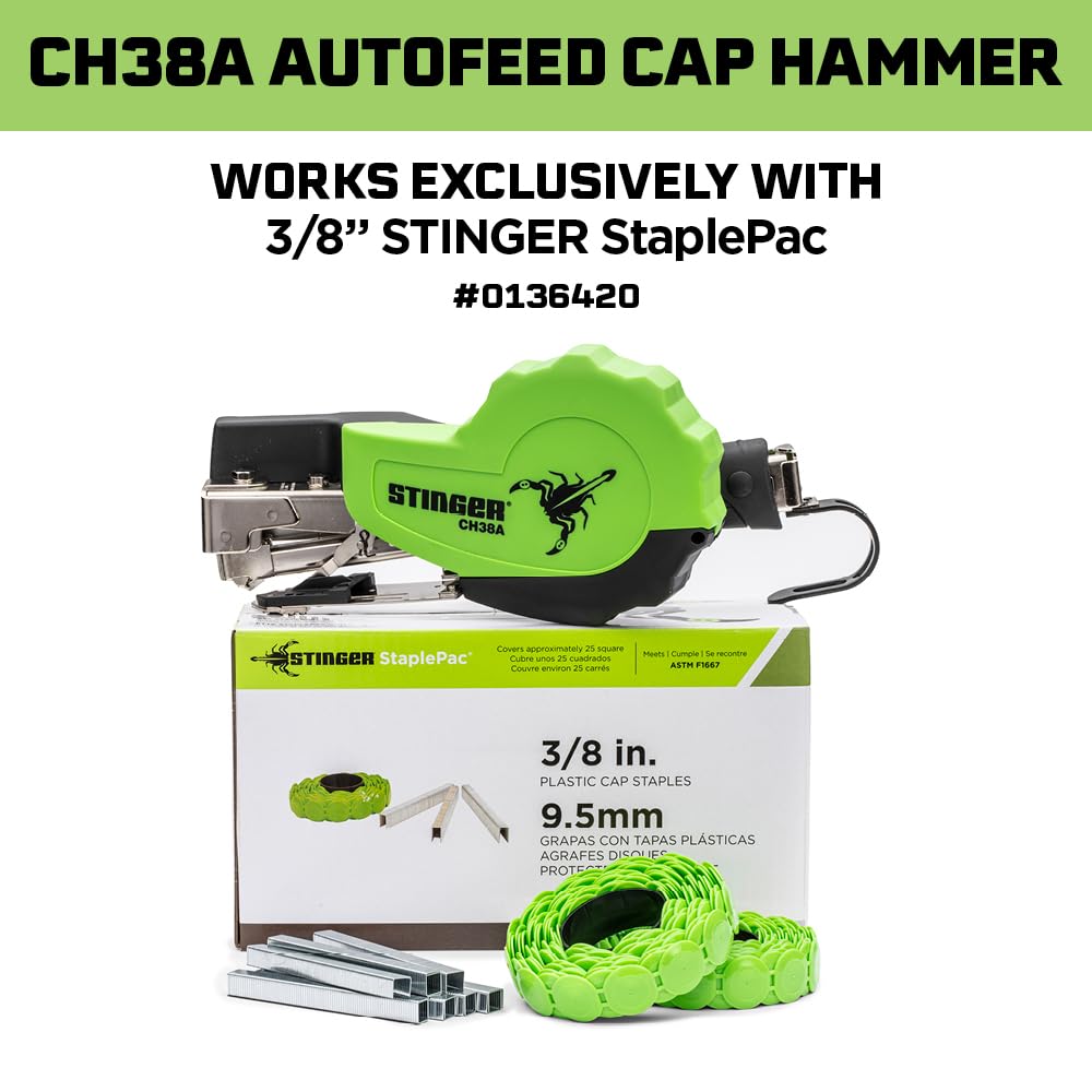 STINGER CH38A Autofeed Cap Staple Hammer Tacker with StaplePac Include. Use for Roofing Underlayment, Housewrap, and Insulation