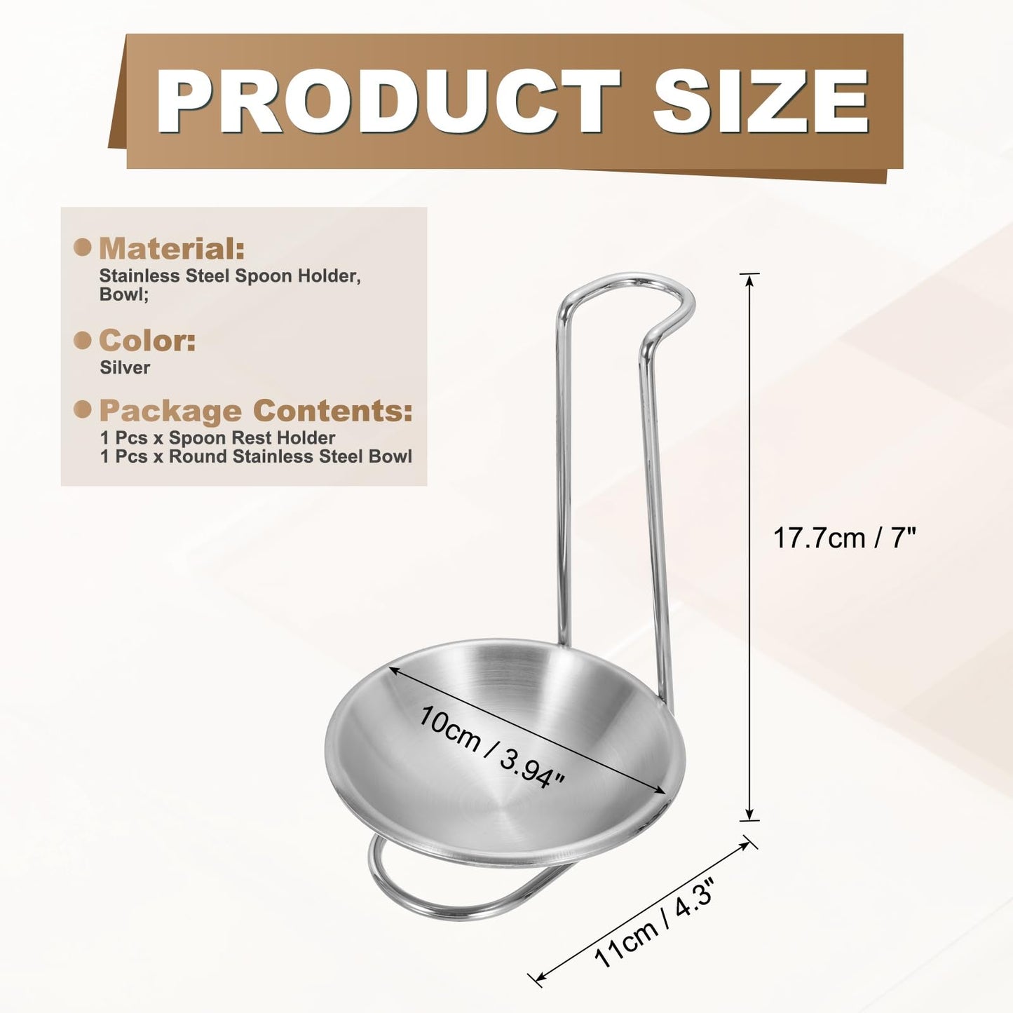 uxcell Spoon Rest Holder, 4.3x4.3x7 Inch Stainless Steel Upright Ladle Rack Set with Round Stainless Steel Bowl, Portable Upright Spoons Rest for Home Kitchen Restaurant Counter, Silver