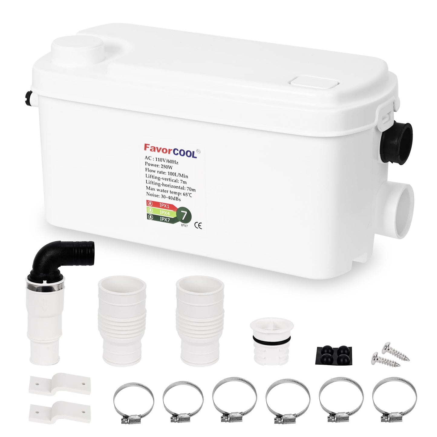 FavorCOOL Macerator Pump Sink Sewerage Pump, 250W Utility Sink Pump Upflush to 22.9ft/7 m with 3 Water Inlets for for Basement, Kitchen, Sink, Shower, Bathtub, Laundry