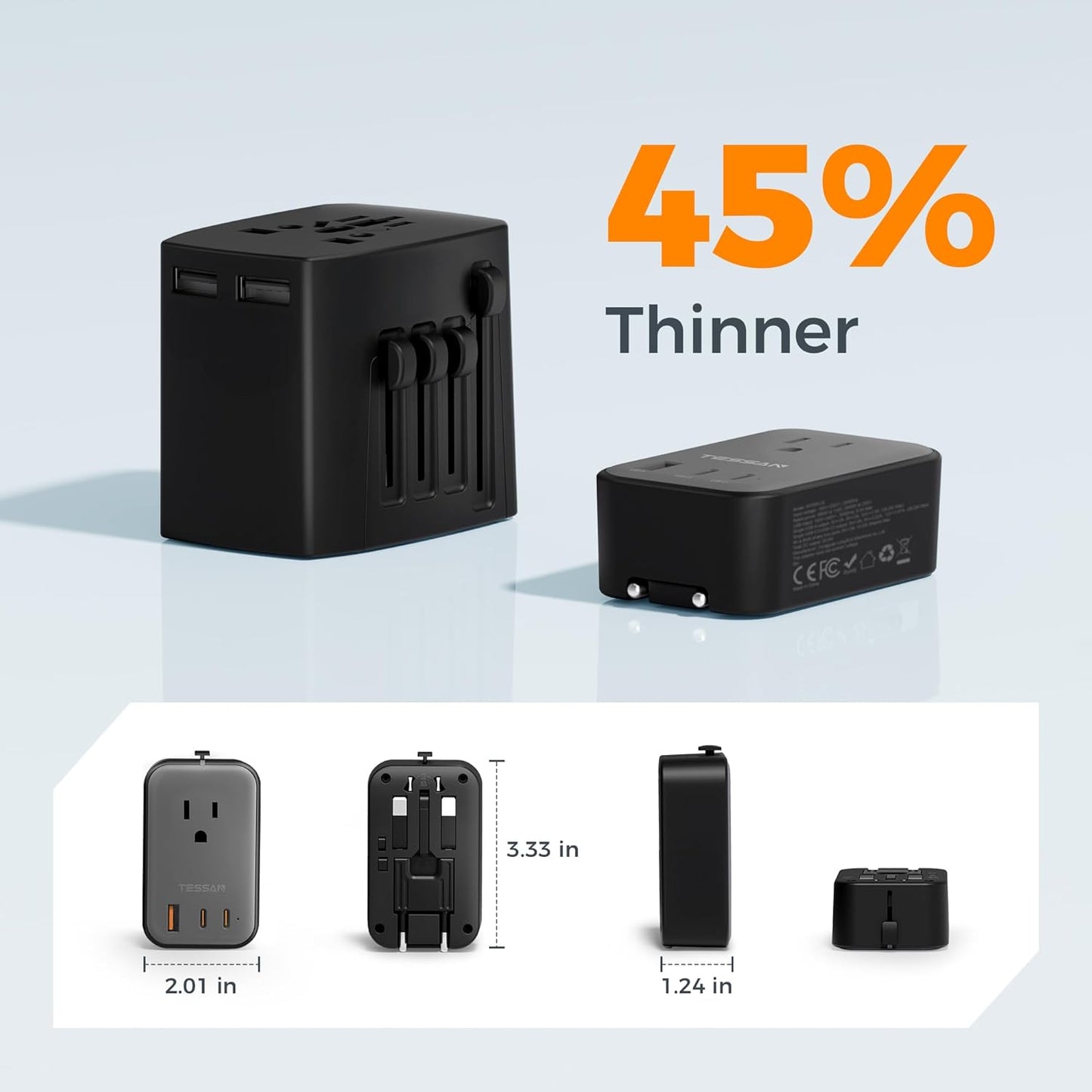 20W, 2 1 1 Pack TESSAN Travel Adapter PD Universal Power Adapter USB C USB A, Ultra Thin International Plug Adaptor