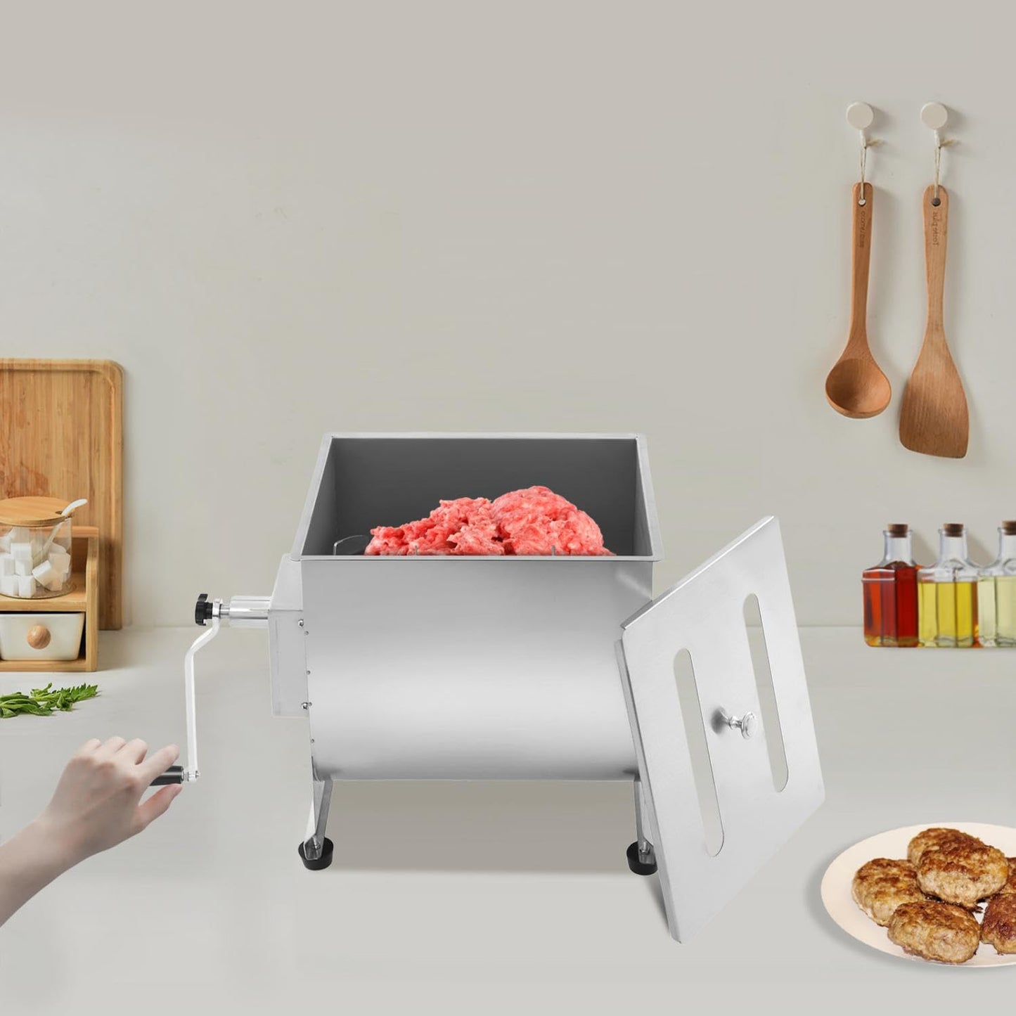 44 lbs Manual Meat Mixer, Stainless Steel Commercial Sausage Mixer Machine with Cover and Easy-Turn Crank for Home Kitchen, Restaurants Effortless Meat Mixing, Silver