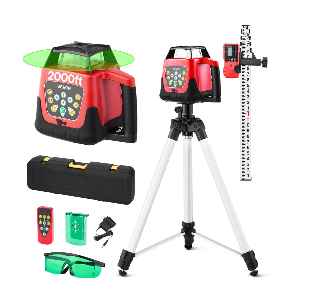 VEVOR Rotary Laser Level Kit, 2000ft 360-Degree Self Leveling Green Horizontal Laser Transit,with Tripod,Receiver,Remote Control, Scale, Toolcase, IP66 Rating Waterproof, 0.80in/100ft for Construction
