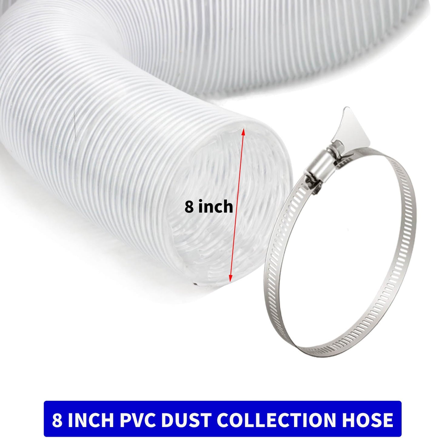 JUYO VONSAN 8 Inches Dust Collection Hose 10ft Flex Heavy Duty 8 In Clear PVC Dust Debris Collector Hose With Connector and Clamps (8'' X 10ft)