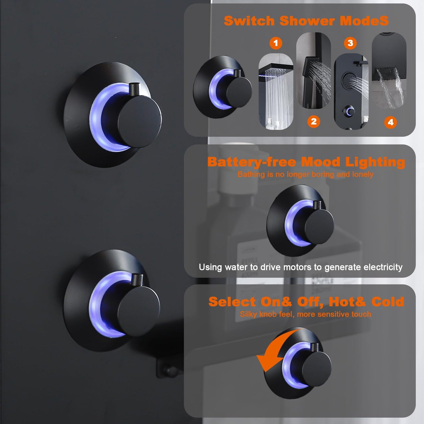 RUITHOE LCD Temperature Display Rainfall Shower Panels Tower System with Storage Shelf, Matte Black LED Light 304 Stainless Steel with Handheld Massage Body Jets Water Waterfall Bathtub