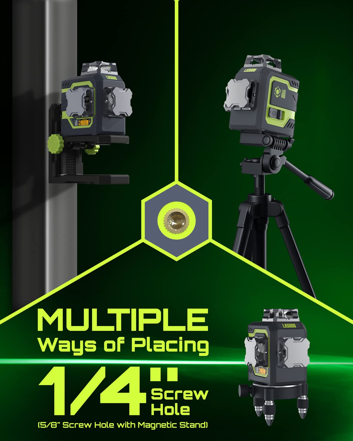 LasGoo LG-3D Laser Level Self Leveling 3x360°, 3D Green Beam Cross Line Laser for Construction and Picture Hanging, 2 Rechargeable Batteries (20 Hrs), Magnetic Liftable Stand Included, Green
