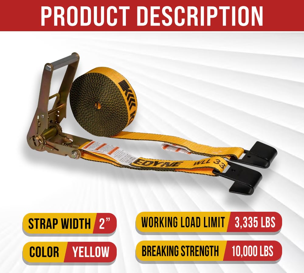 Mytee Products 10 Pack Kinedyne Ratchet Straps with Flat Hooks, 2" x 30' Ratchet Straps Yellow | 10,000 Lbs Breaking Strength | Tie-Down Ratchet Straps for Flatbed, Truck, Trailers Pickup