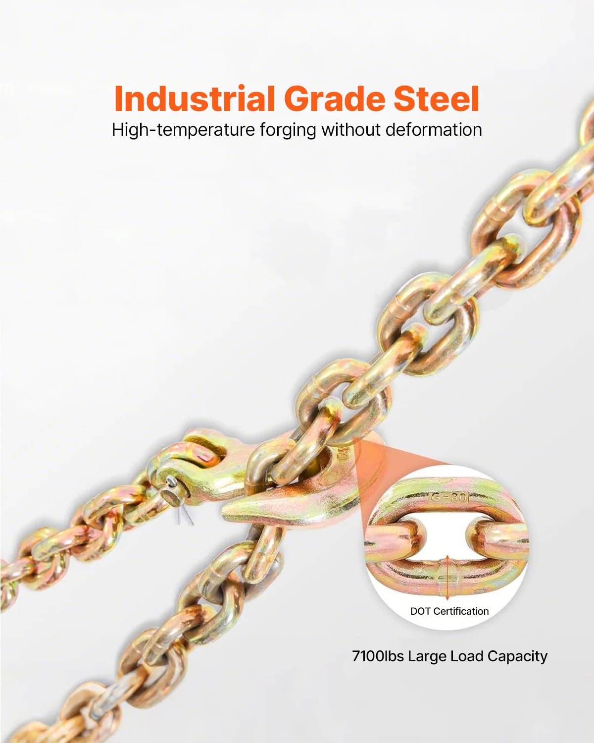 VEVOR 7100 LBS Transport Binder Chain, 3/8"x20' G80 Tow Chain with Grab Hooks, Galvanized Manganese Steel, DOT Certified, 2 Pack for Dock Factory Construction Site
