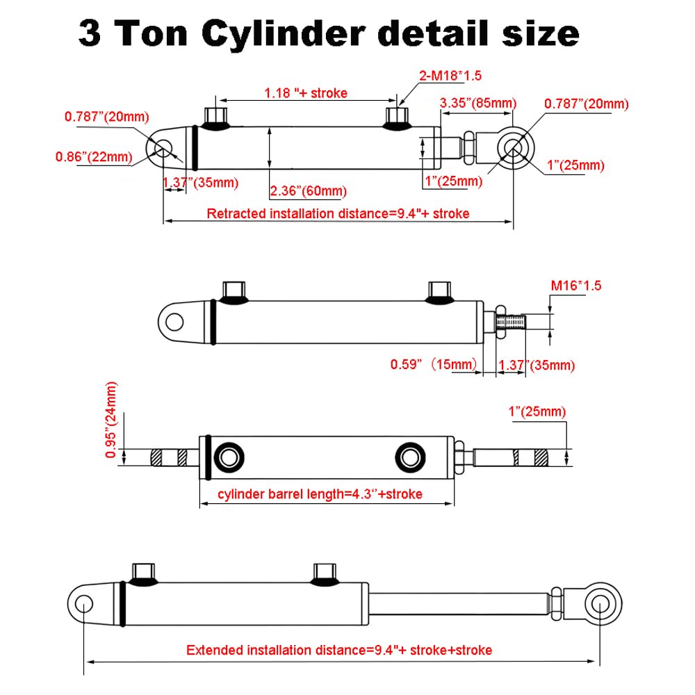 RHKING 2x8 Hydraulic Cylinder 3 Ton Double Acting Welded Hydraulic Cylinder 2" Bore x 8" Stroke with 3/8" JIC 37°(9/16"-18 Thread) Hydraulic End Connectors Maximum Thrust Force 6613lbs