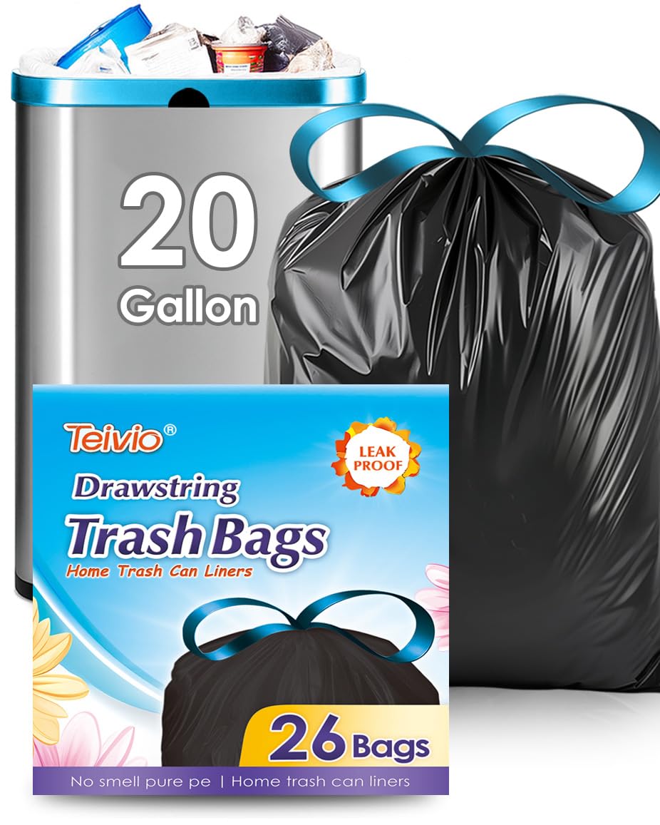 Teivio 20 Gallon 26 Counts Large Drawstring Trash Bags Strong Tall Kitchen Garbage Bags for Home/Office/Light Residential Waste/Outdoor Trash Can, Lawn，Trash Bin liners Black