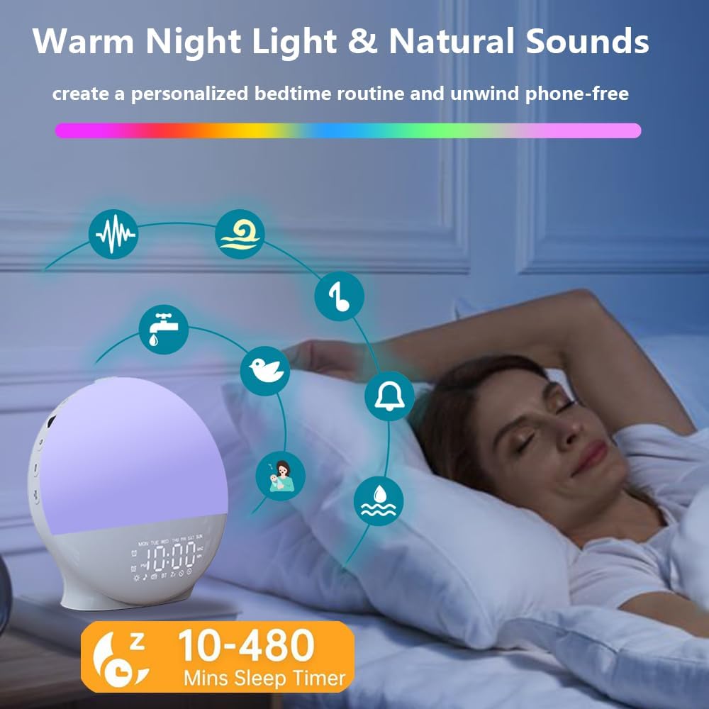 2025 17 5W 22 Upgraded Wake Up Light Sunrise Alarm Clock for Bedroom, Nightlights, Sound Machine with Bluetooth
