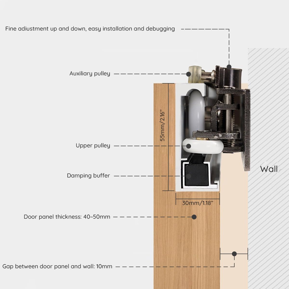 47" Concealed Sliding Barn Door Hardware and Track ，Floating Wall Mount，Soft Closing(Newly Upgraded 4-Wheel Pulley)