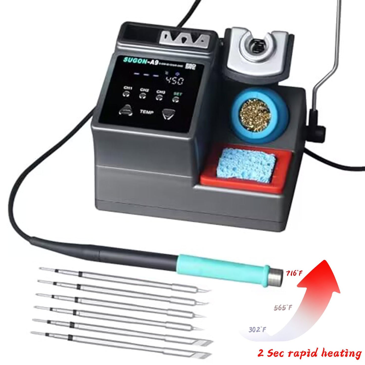 SUGON A9 245 Digital Soldering Station 3 Seconds Fast Heating, 110V Soldering Iron Station of with 6 Integrated Soldering Iron Tips Equipped, 212-842℉, Soldering Iron Replacement Rack,etc