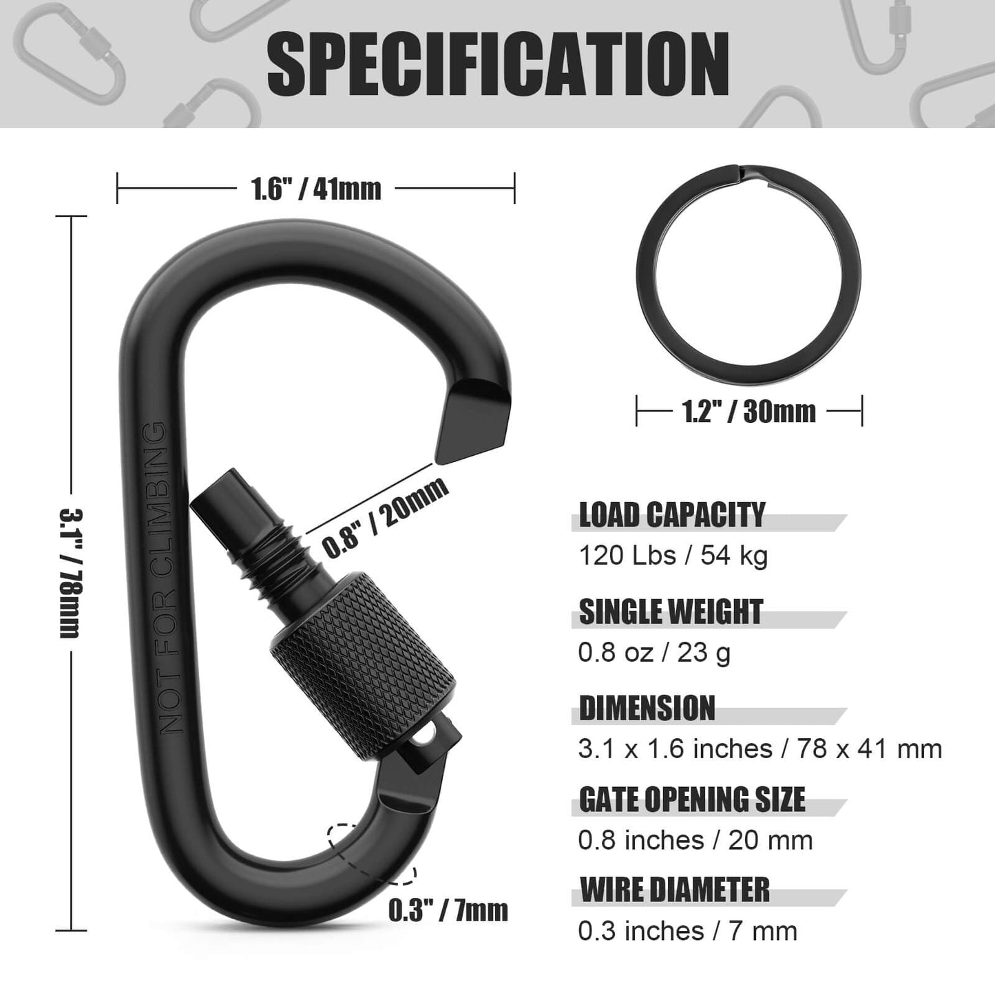 Cridoz Carabiner and Keyring Set, 6 PCS Metal D Ring Carabiner Clips with 6PCS Heavy Duty Key Rings for Keys, Bottles, Backpacks (Black)