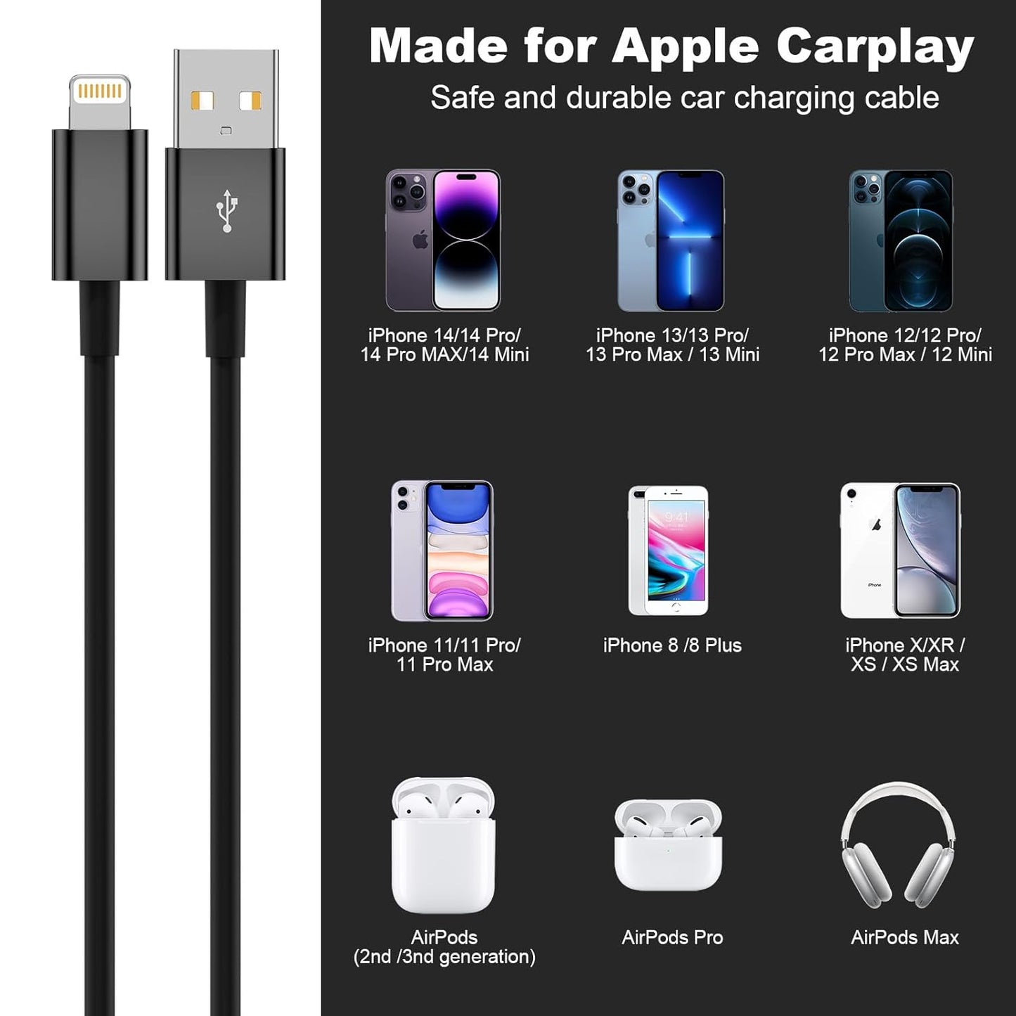 3FT 14 13 12 11 Snisre Car Carplay Cable, USB A to Lightning Cable Compatible with iPhone Pro Max XR XS X Charger