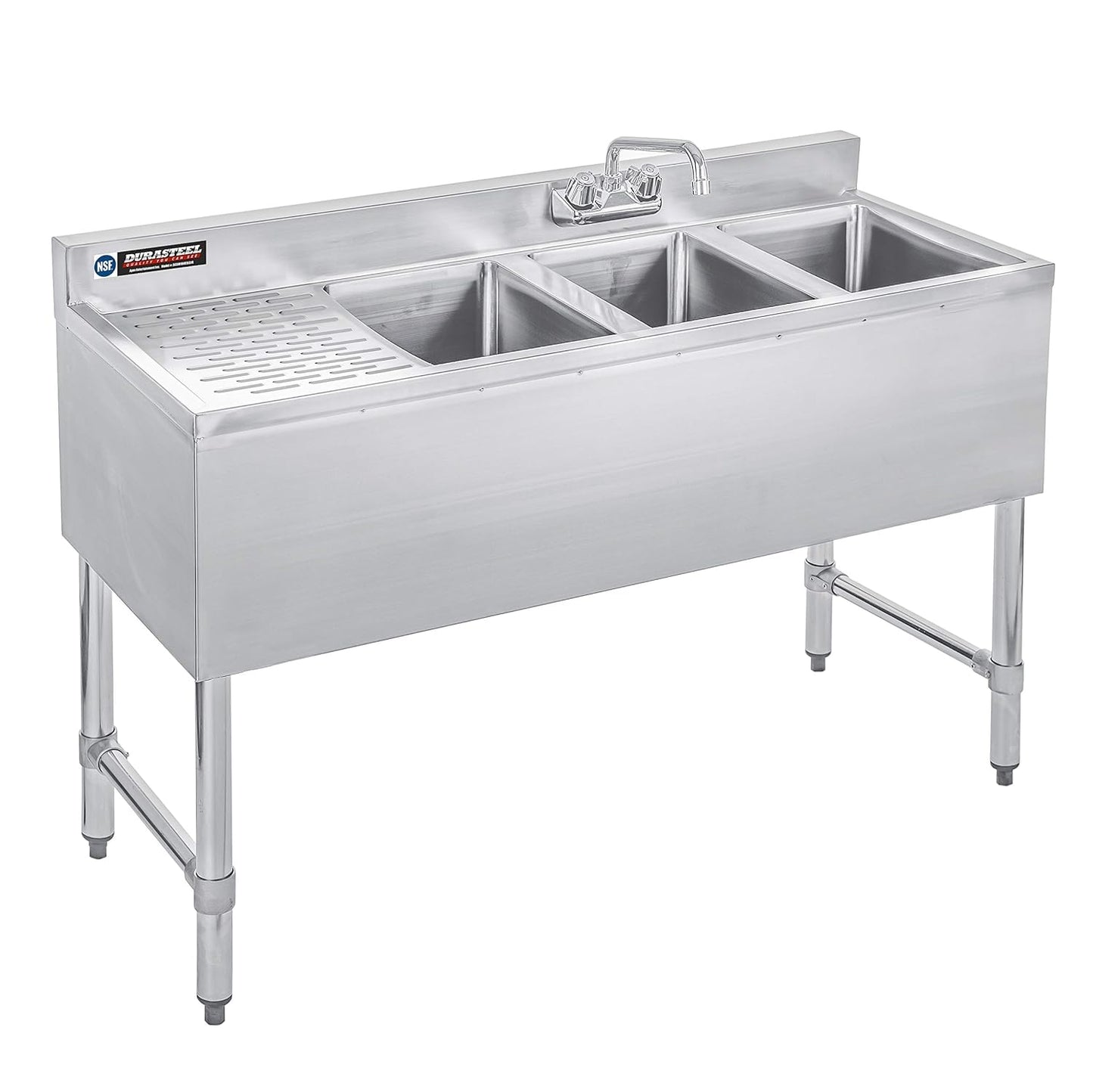 DuraSteel 3 Compartment Sink Commercial Kitchen Sink - NSF Stainless Steel Triple Three Bay Utility with CEC No Lead Faucet - Left Drainboard Restaurant Bar Small Garage Slop Prep Food Truck Large