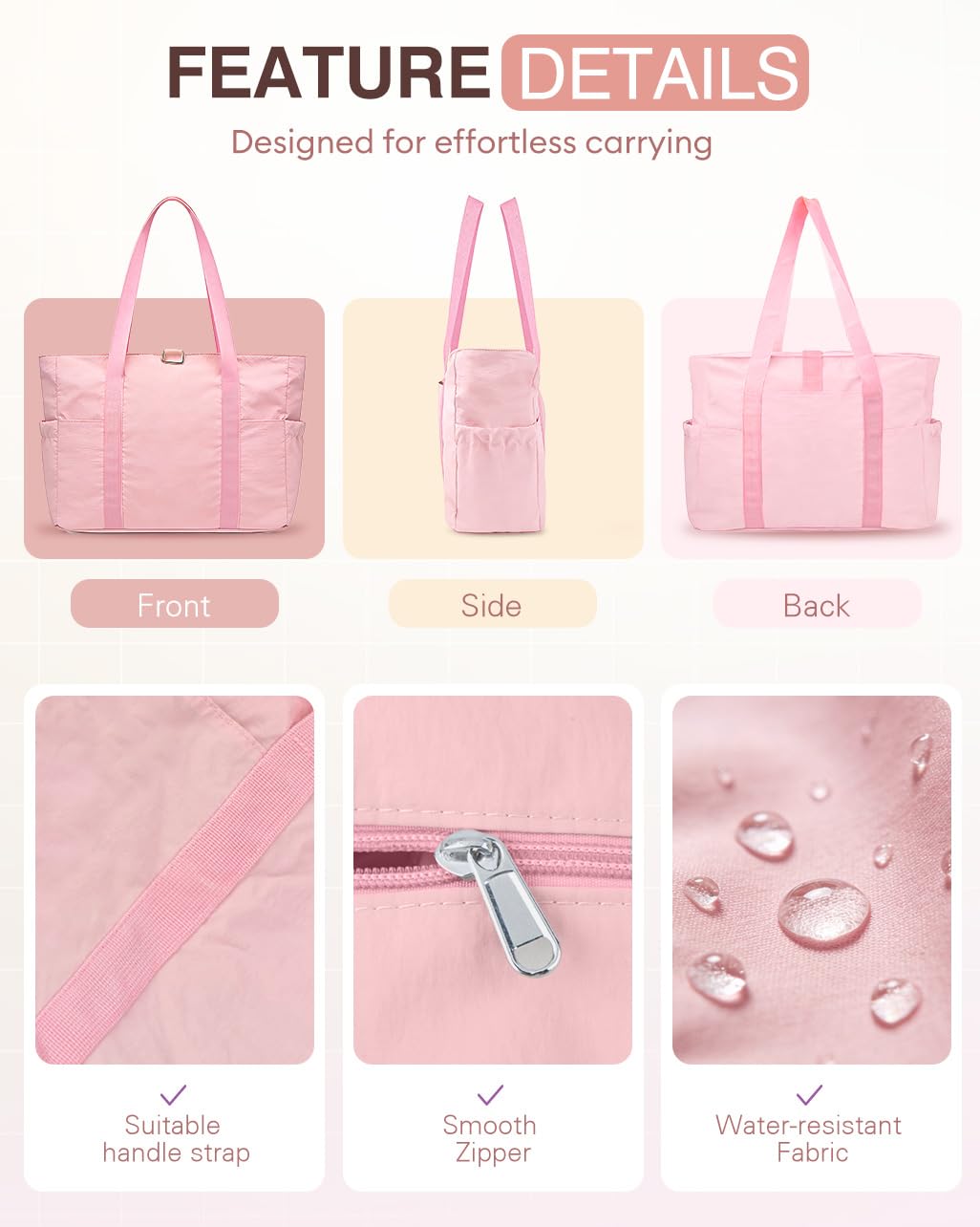 YANLIFY Tote Bag for Women, 26L Capacity Travel Purses Work Bag, Small Zipper Tote Bag for Travel Nurse Gym Teacher, Lightweight Nylon Shoulder Handbag with Hidden Yoga Mat Strap