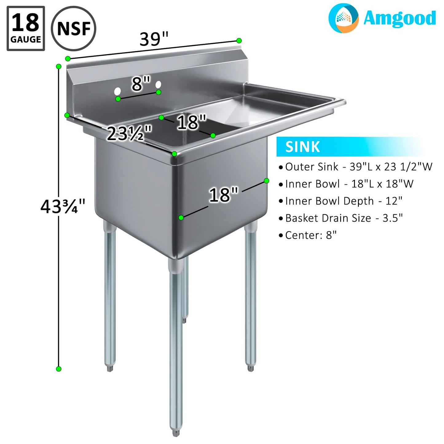 39 in. x 23.5 in. Stainless Steel One Compartment Sink with 18 in. x 18 in. Bowl and 18 in. Right Drainboard. NSF