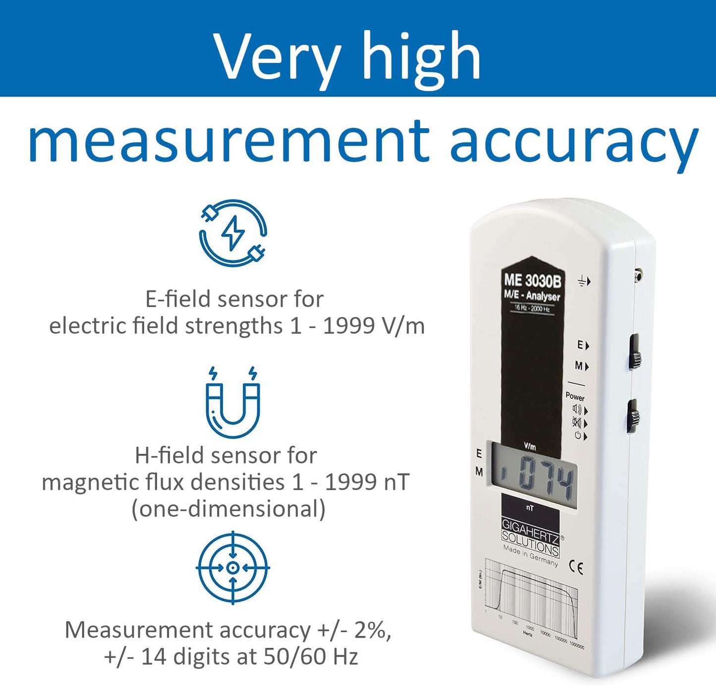GIGAHERTZ SOLUTIONS ME3030B Low Frequency Gauss Meter EMF Detector (16Hz - 2KHz)