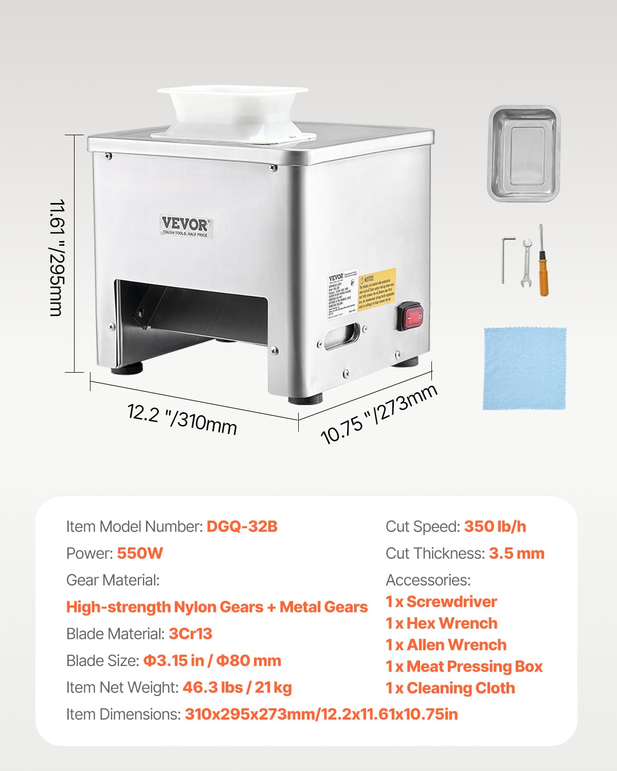 VEVOR Meat Cutter Machine, 550W Meat Slicer, 350 lb/h Commercial Meat Cutting Machine, Stainless Steel, 3.5 mm Thickness, Electric Food Cutting Slicer for Home Kitchen, Restaurant, Supermarket