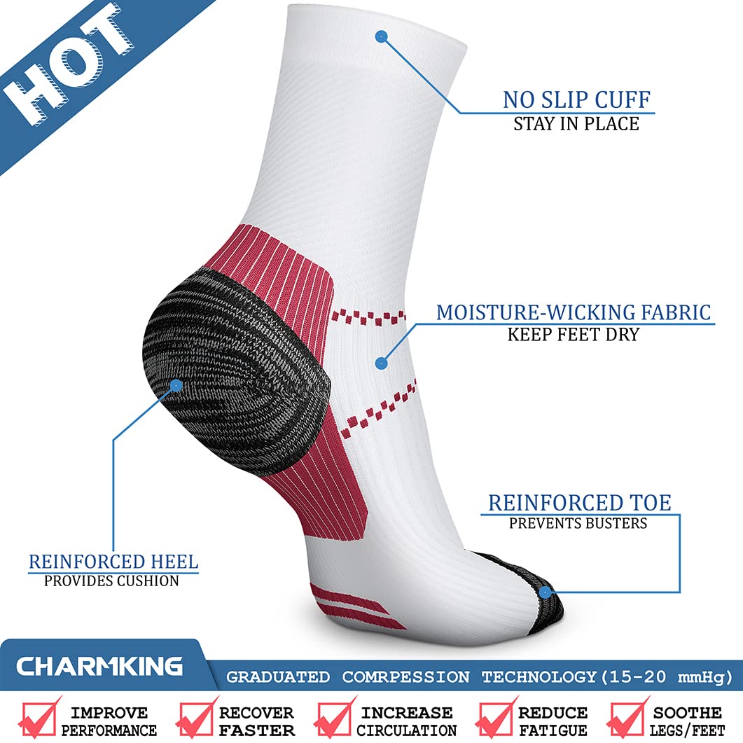 CHARMKING 6 Pairs Crew Compression Socks for Women & Men Circulation 15-20 mmHg is Best for All Day Wear Running Nurse (L/XL, White Multicolor)