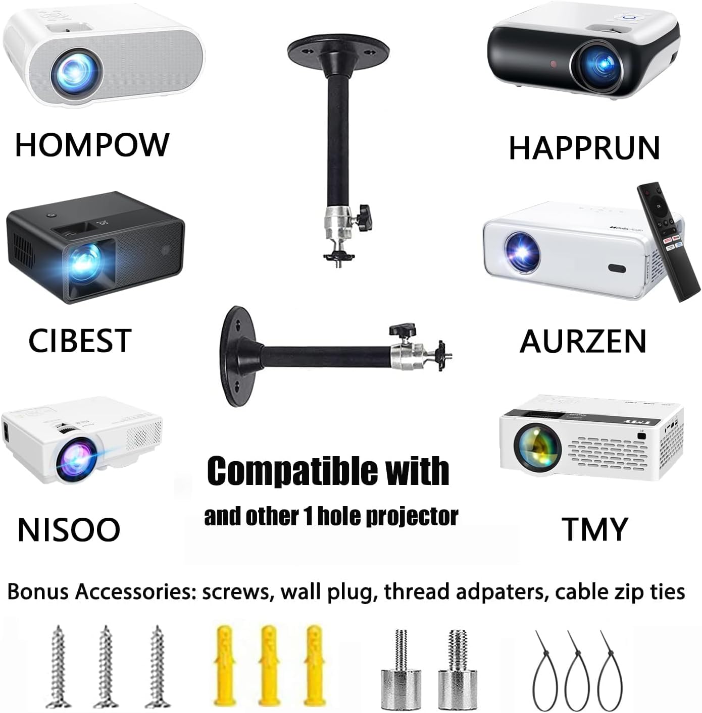 2-Be-Best 360 7in 18cm Mini Projector Ceiling Mount Adjustable Projector Wall Mount Length / Projectors Mounts Black