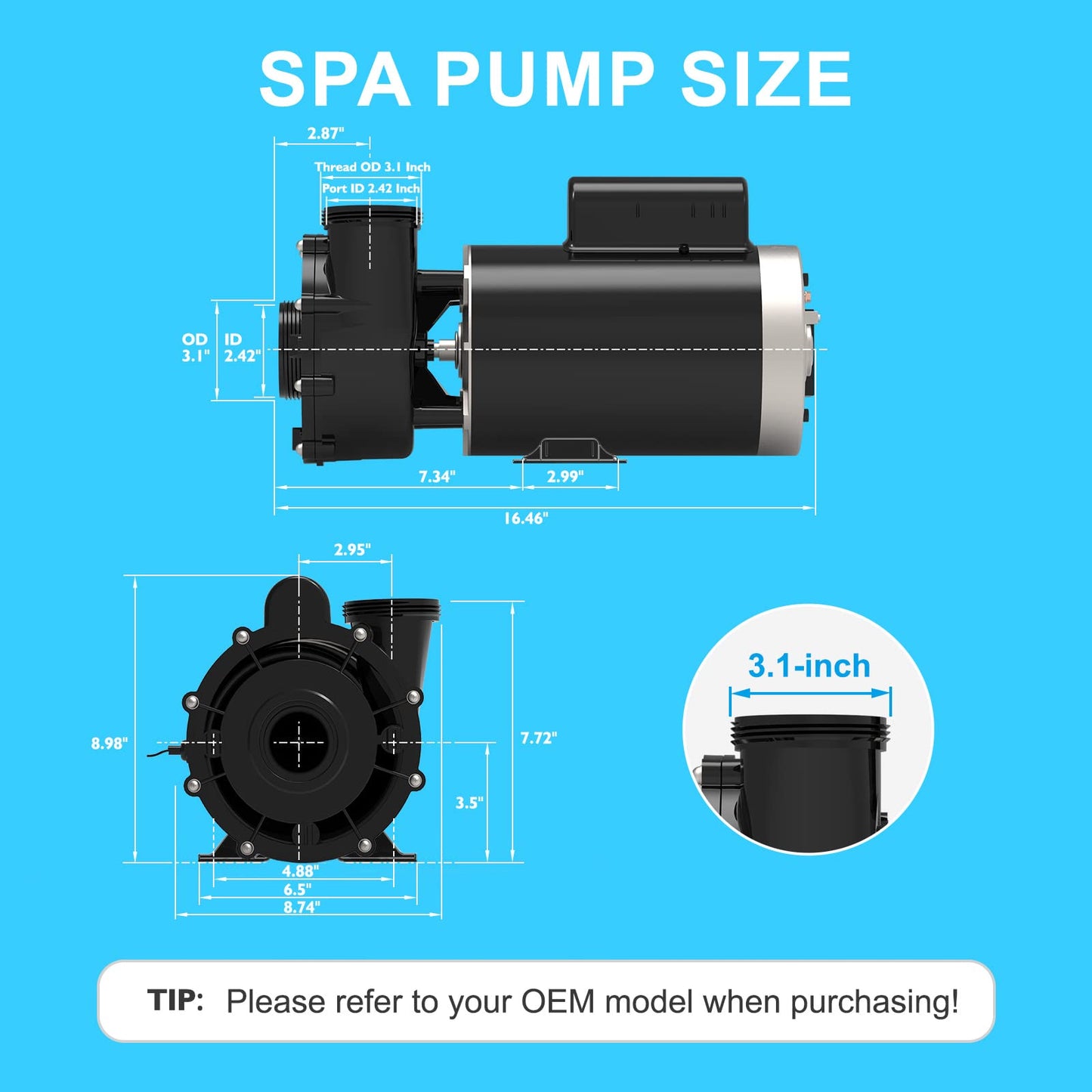 LINGXIAO WUA200-II SPA Pump, 2 Speed Hot Tub Pumps 2HP - LX SPA Pump Motor 220V-240V, 2" Port, 56 Frame (Mode:56WUA200-II）