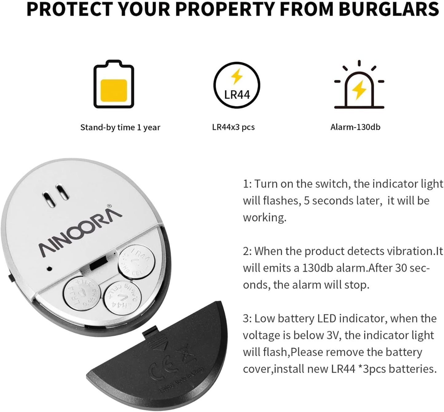 AINOORA 4 Pack, 130dB Window Alarms Loud Glass Break Sensor & Vibration Alarm for Home Security, Burglar Entry Detector