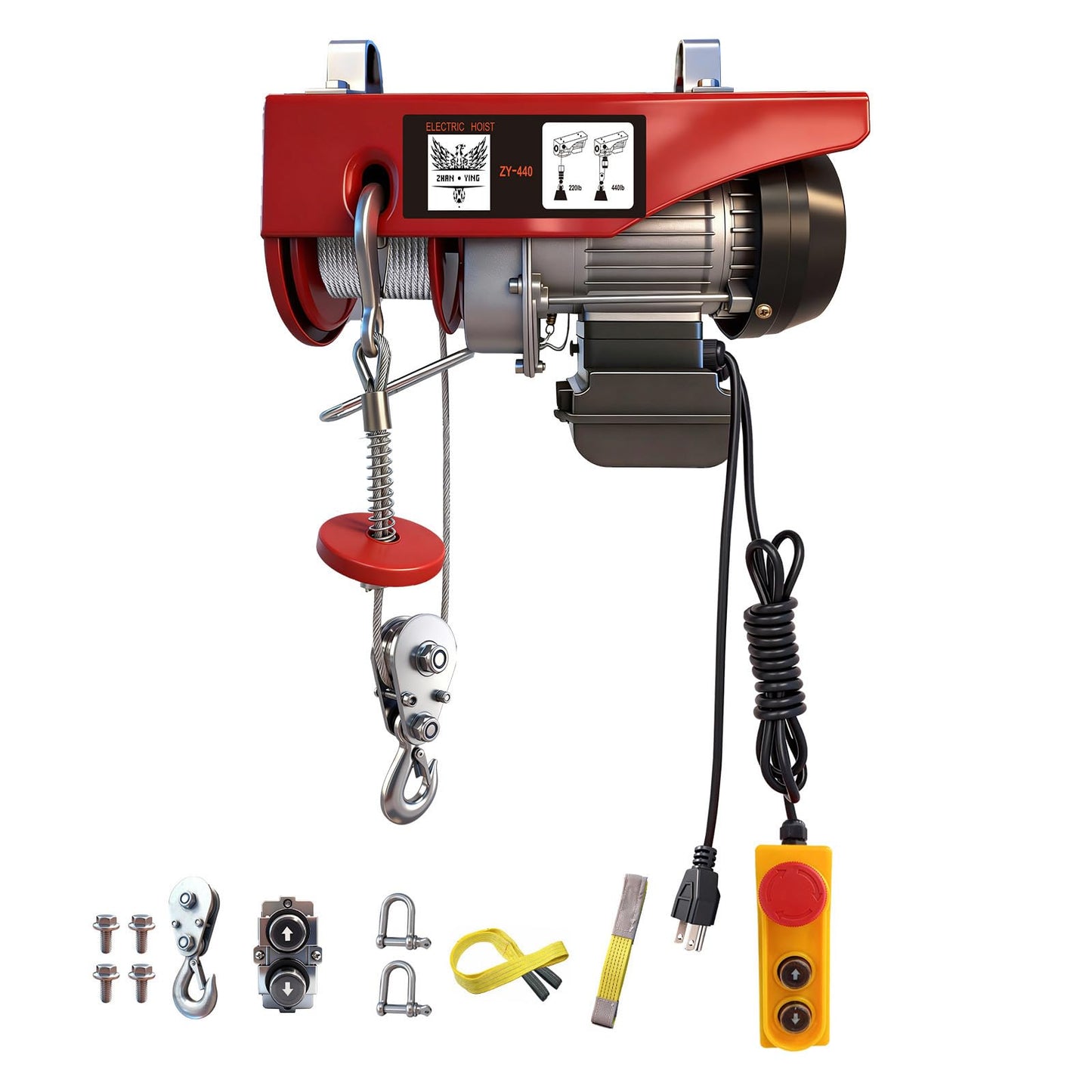 ZHAN · YING Electric Hoist, 440 lbs Material Handling Tool, 110V Electric Winch with 14ft Wired Remote Control，Lift Hoist for Factories, Warehouses, Construction Site, Attic