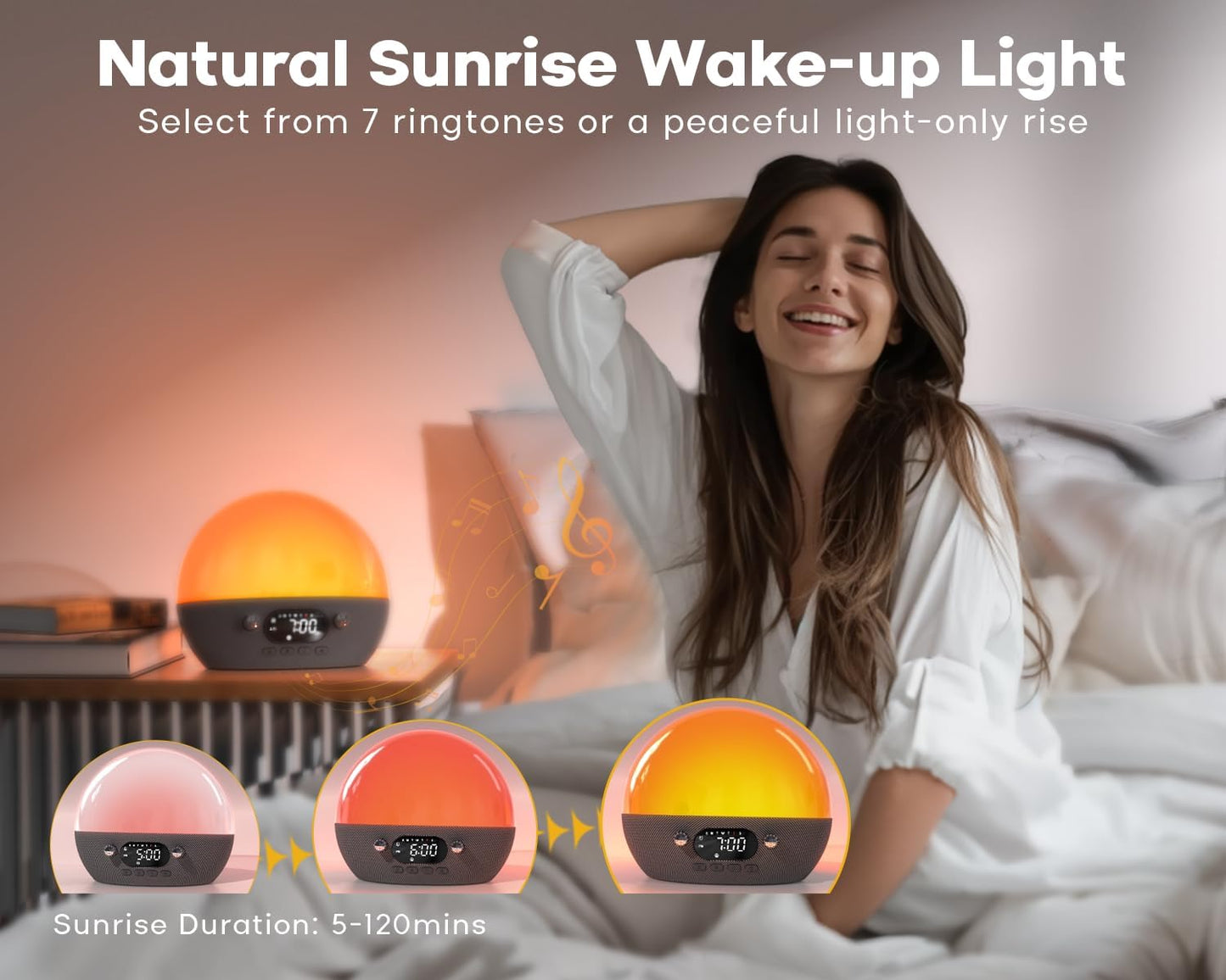 MOMILLA Sunrise Alarm Clock with Bluetooth Speaker, White Noise Sound Machine, Alarm Clocks for Heavy Sleepers