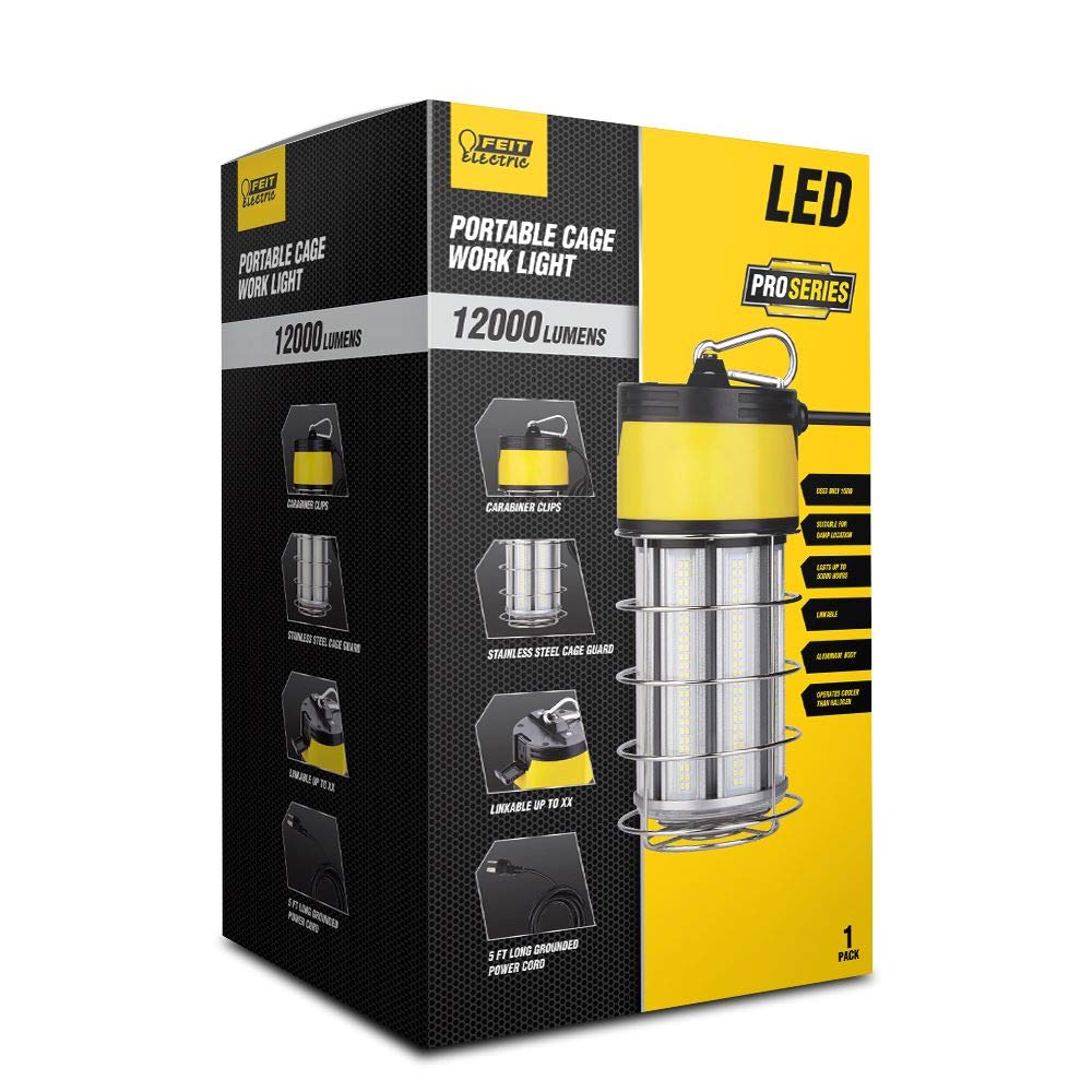 Feit Electric LED 100W Temporary Work Light, 12,000 Lumens, Hanging Plug-in Worklight, Ideal for Jobsites, Construction, Garages, Workshops and Large Area Lighting, 5000k, WORKCAGE12000PLUG