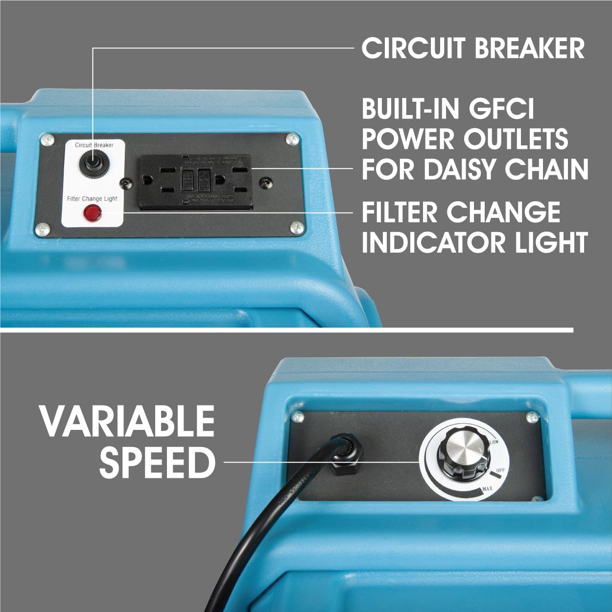 PURAERO HEPA Air Scrubber with GFCI Outlets for Daisy Chain | 1/4 HP, 675 CFM, 2.2A | Water Damage Restoration, Grow Rooms | PA-600-HAS | Blue