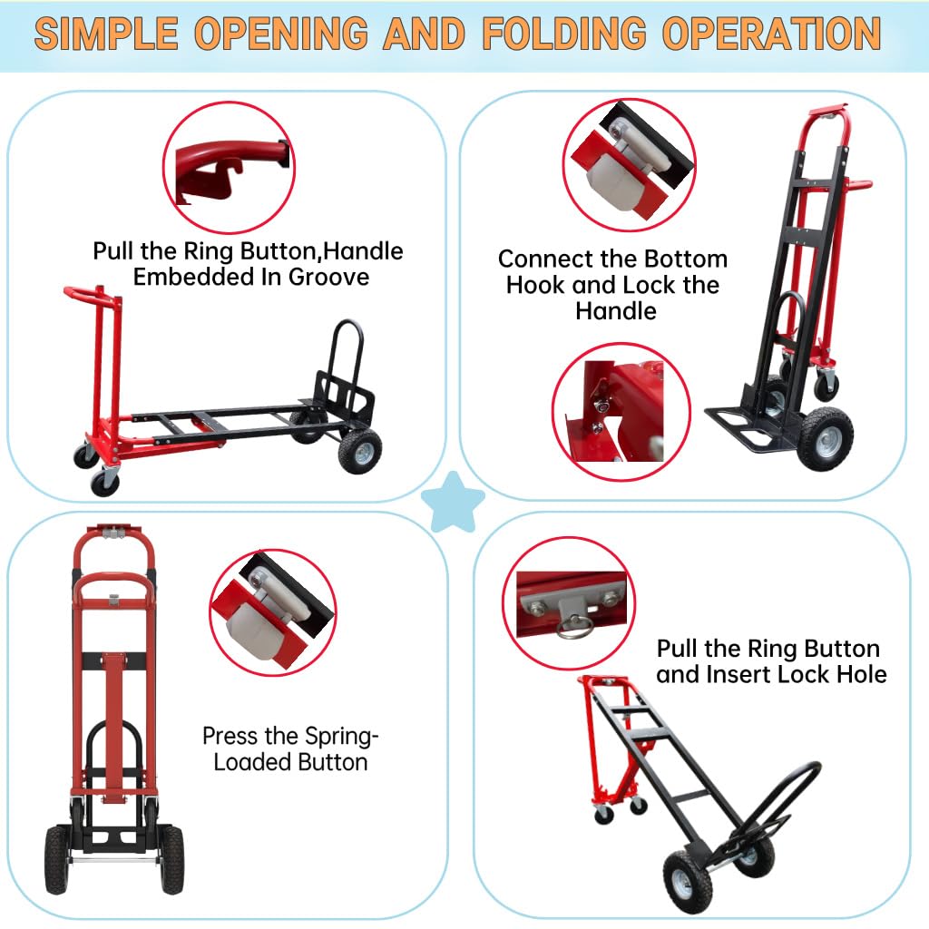 Nebicals Red Convertible Hand Truck Dolly Cart with 4 Wheels Heavy Duty,1000 Lbs Capacity, 2 Straps for Moving Furniture/Appliance/Carton/Warehouse/Office/Easy to Follow Video to Install