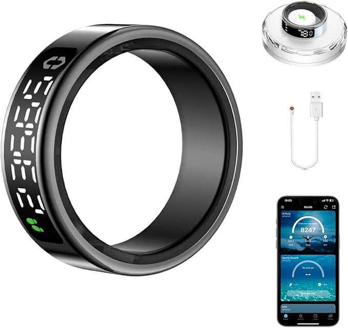 Smart Health Ring with Screen,for Women Men Fitness Tracker Heart Rate, Blood Oxygen, HRV, Sleep Monitoring, Step Counting, IP68 for iPhone and Android, No Subscription Fee (Black, 12#)
