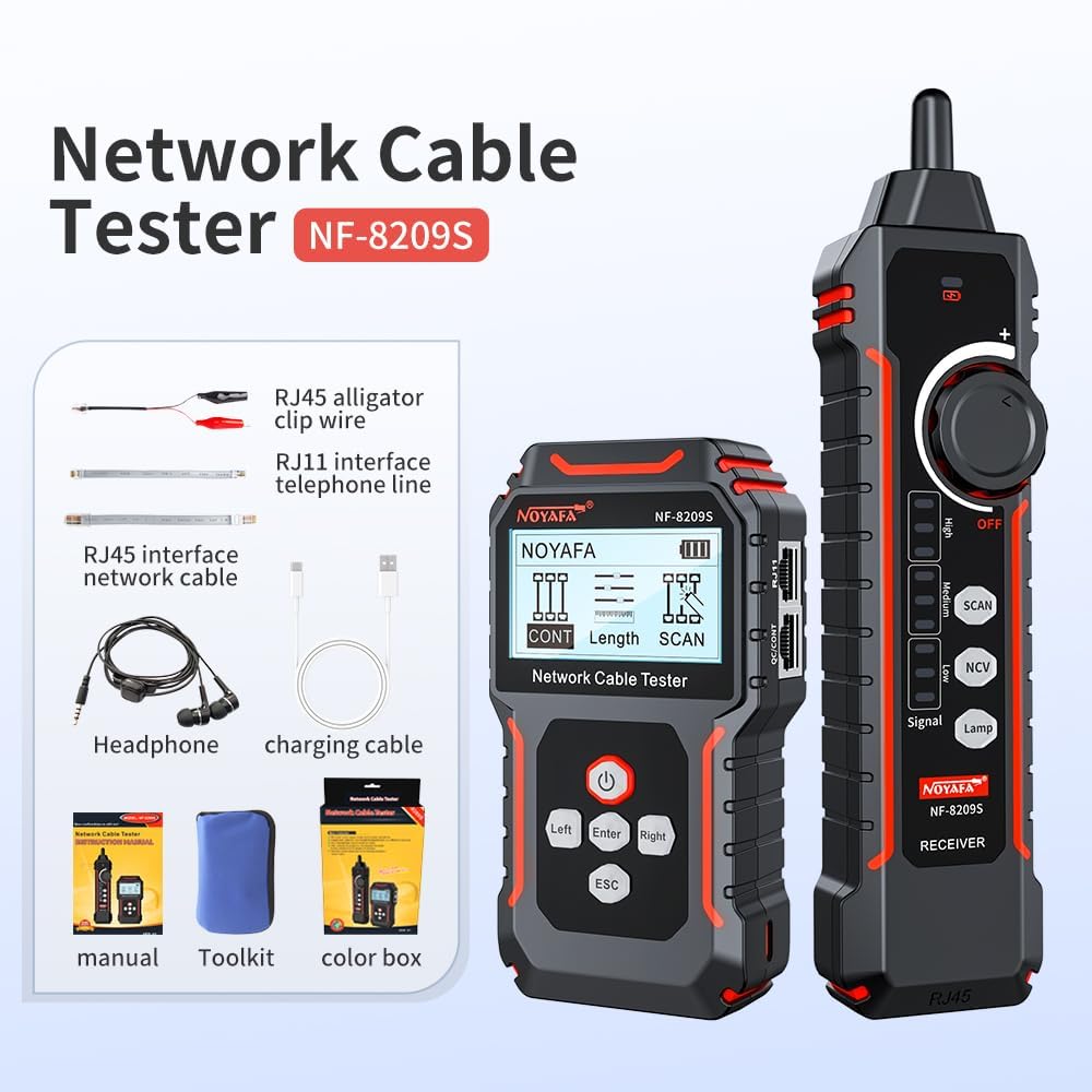 NOYAFA NF-8209S Network Cable Tester, Ethernet Cable Tester with CAT5, CAT6 Line Tracer, PoE, NCV, Length Test, Port Flashing, Fault Line Scan for Cable Grooming, LAN Network Cable Tracer Kit