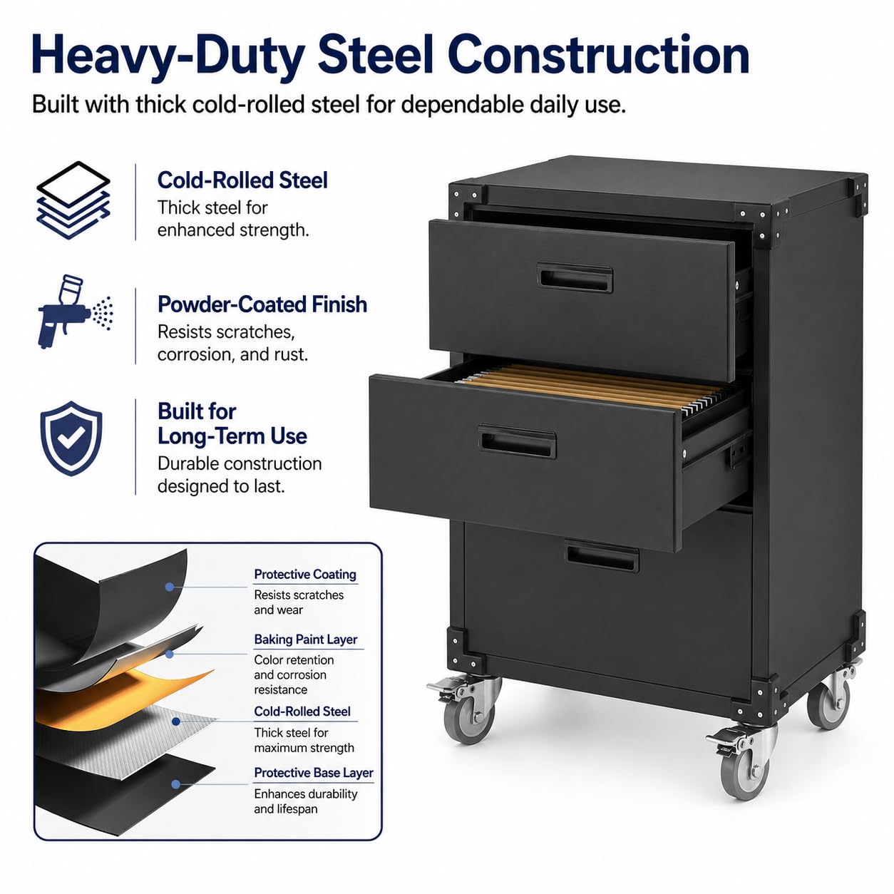 GarveeHome Heavy Duty Metal Tool Cabinet Organizer – 3 Lockable Drawers, Rolling Storage Cart & Workbench, Steel Construction, Easy Assembly, Ideal for Garage, Workshop, Warehouse, Office – Black