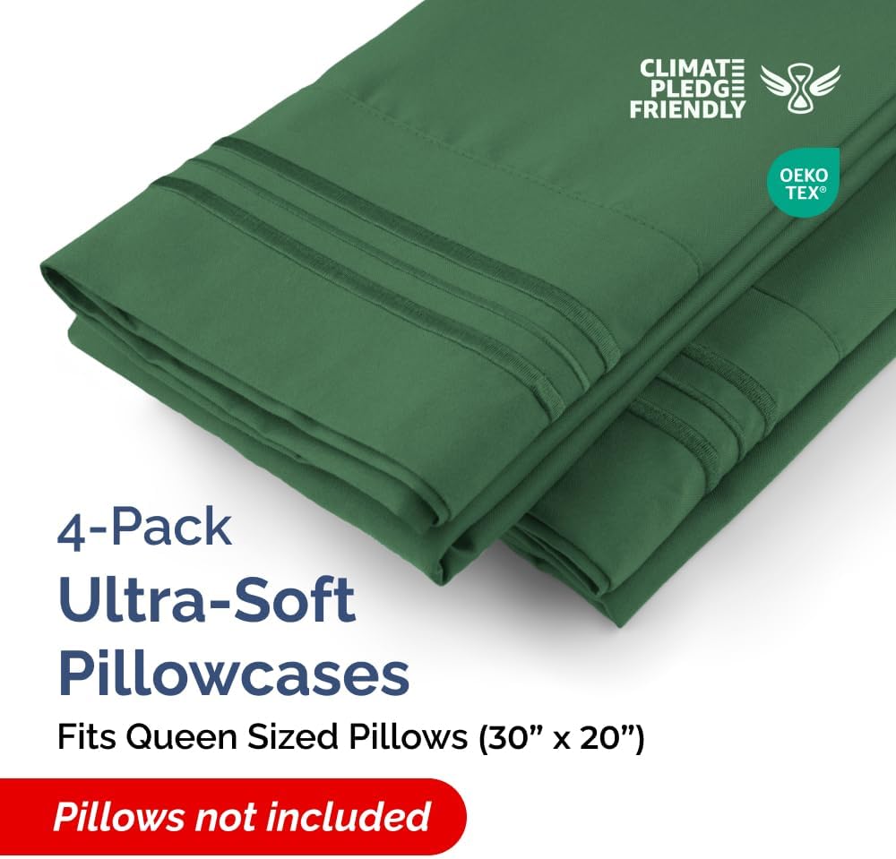 Skiennix Queen Pillow Cases Set of 4 - Ultra Soft Hotel Quality - Wrinkle Free & Fade Resistant - Emerald Green