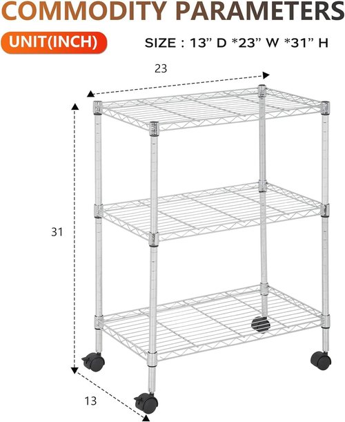 BestOffice 3-Tier Wire Storage Shelves with Wheels - Heavy-Duty Metal, Adjustable Racks | Chrome | 23x13x31 | Holds Up to 170 lbs | No-Tool Assembly for Home & Garage