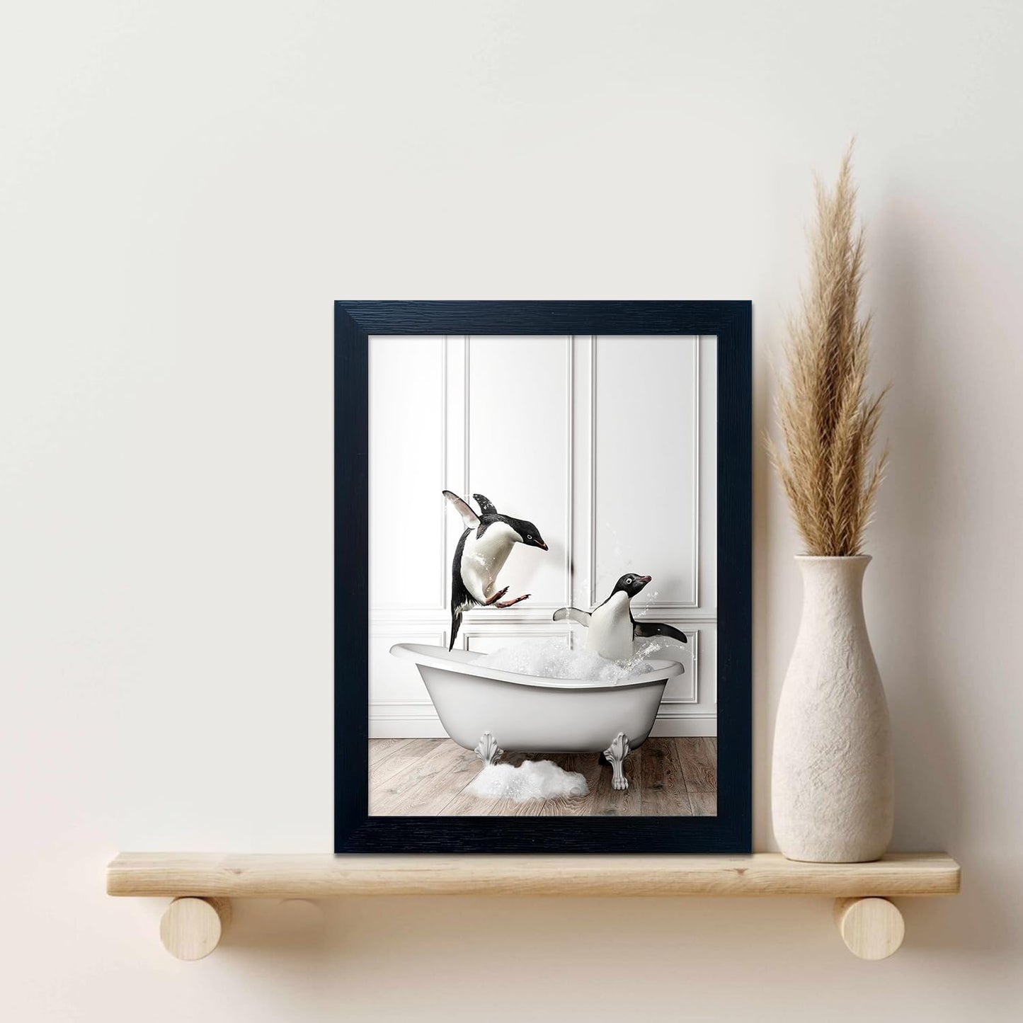 Skiennix Kids Bathroom Wall Art - Cute Penguins in Bathtub Canvas Print | Black & White Decor