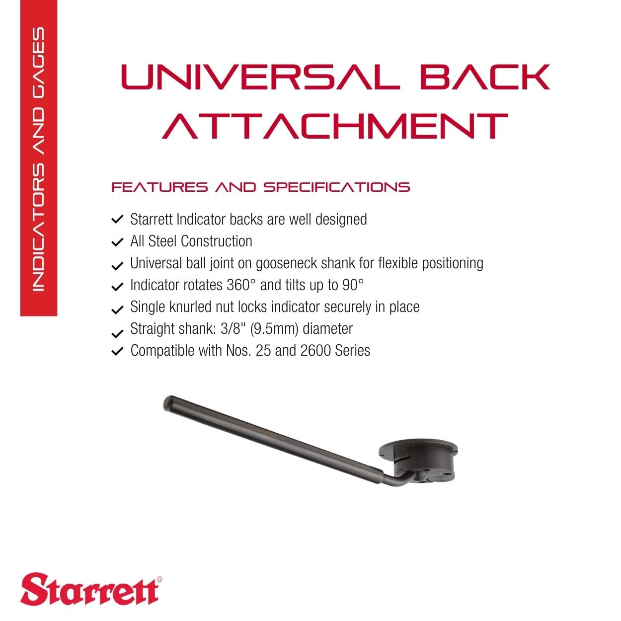 Starrett Universal Back Attachment for 25 & 2600 Series Dial Indicators - 360-Degree Rotation, Up to 90-Degree Angular Adjustment - 672-2
