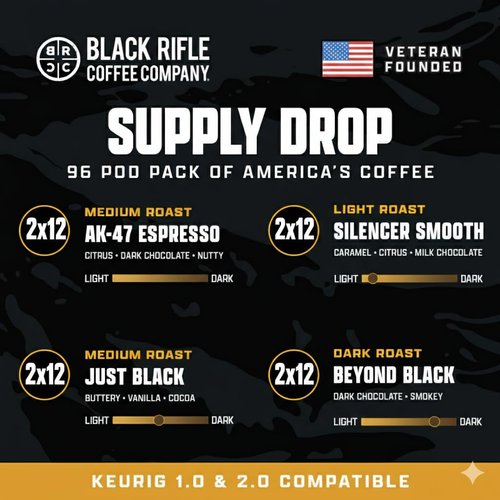Black Rifle Coffee Company Supply Drop Variety Pack (96 Count of K Cups) - Silencer Smooth (Light), AK-47 (Medium), Just Black (Medium) & BeyondBlack (Dark Roast) - K Cups Coffee Variety Pack