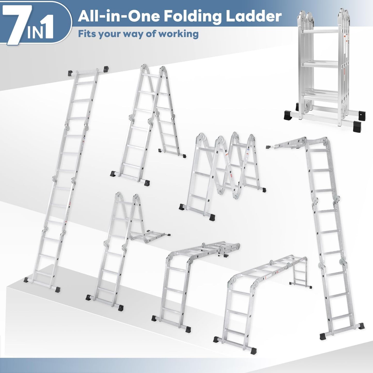 Multi-Purpose Aluminium Folding Ladder, 7-in-1 Heavy-Duty Extension & Step Ladder, Tall Adjustable Collapsible Ladder for Home, Roof, RV & Painting Work