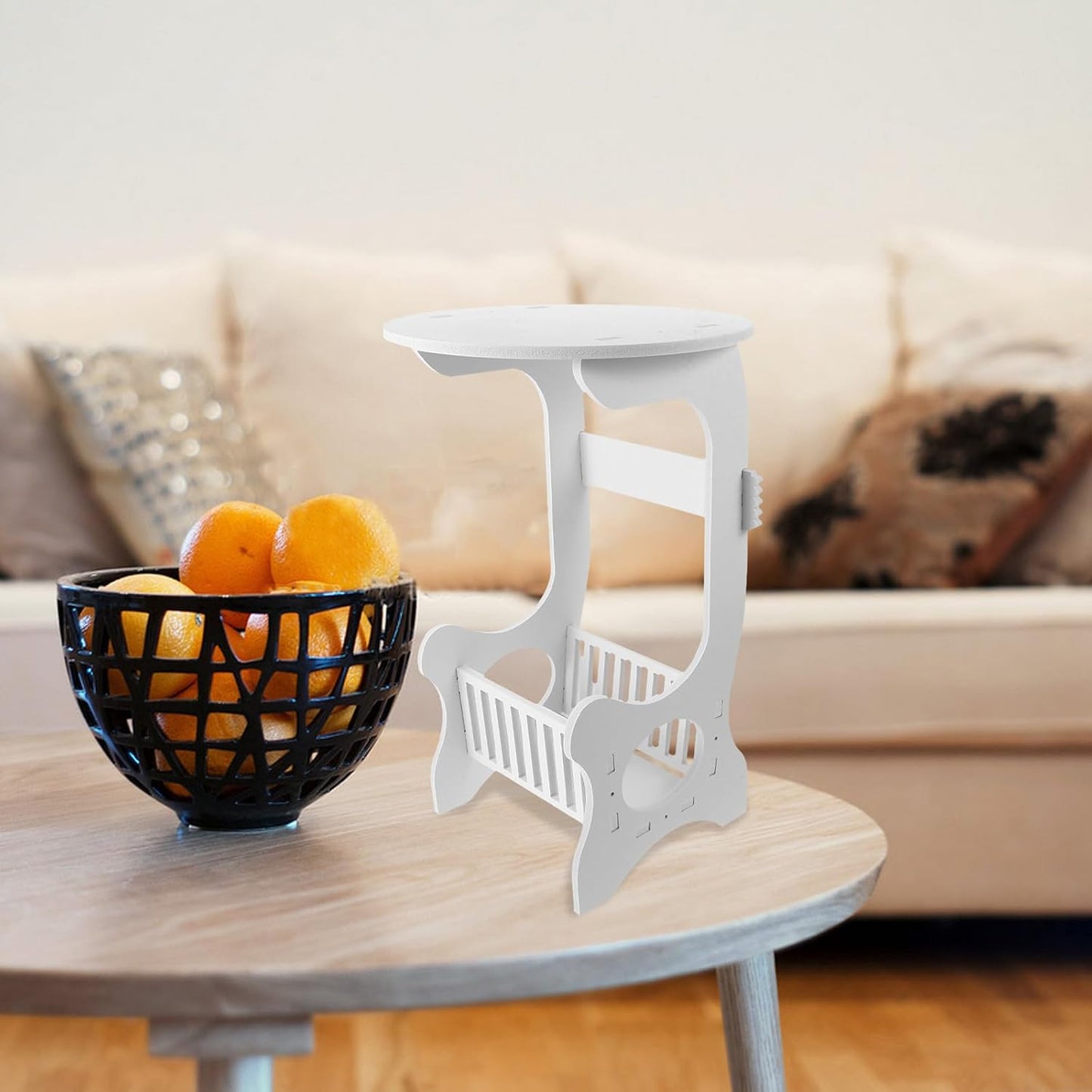 Angoily Small Round Side Table White Plastic Wood Nightstand for Bedroom Living Room Balcony with Storage and Hollow