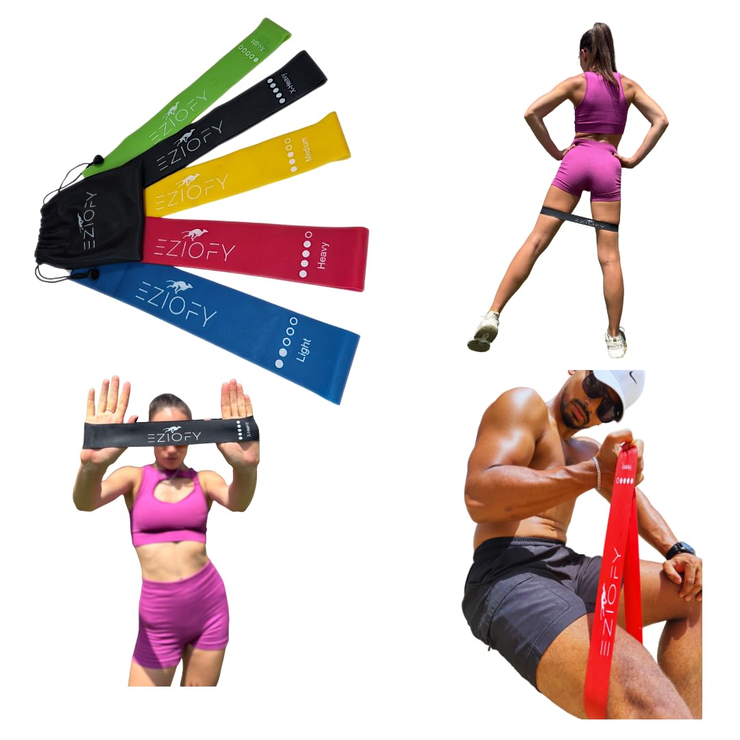 Eziofy Resistance Bands Set of 5 – Natural Latex Loop Exercise Bands for Legs, Glutes & Full Body – 10–45 lbs – Workout, Pilates, Physical Therapy – Includes Carry Bag