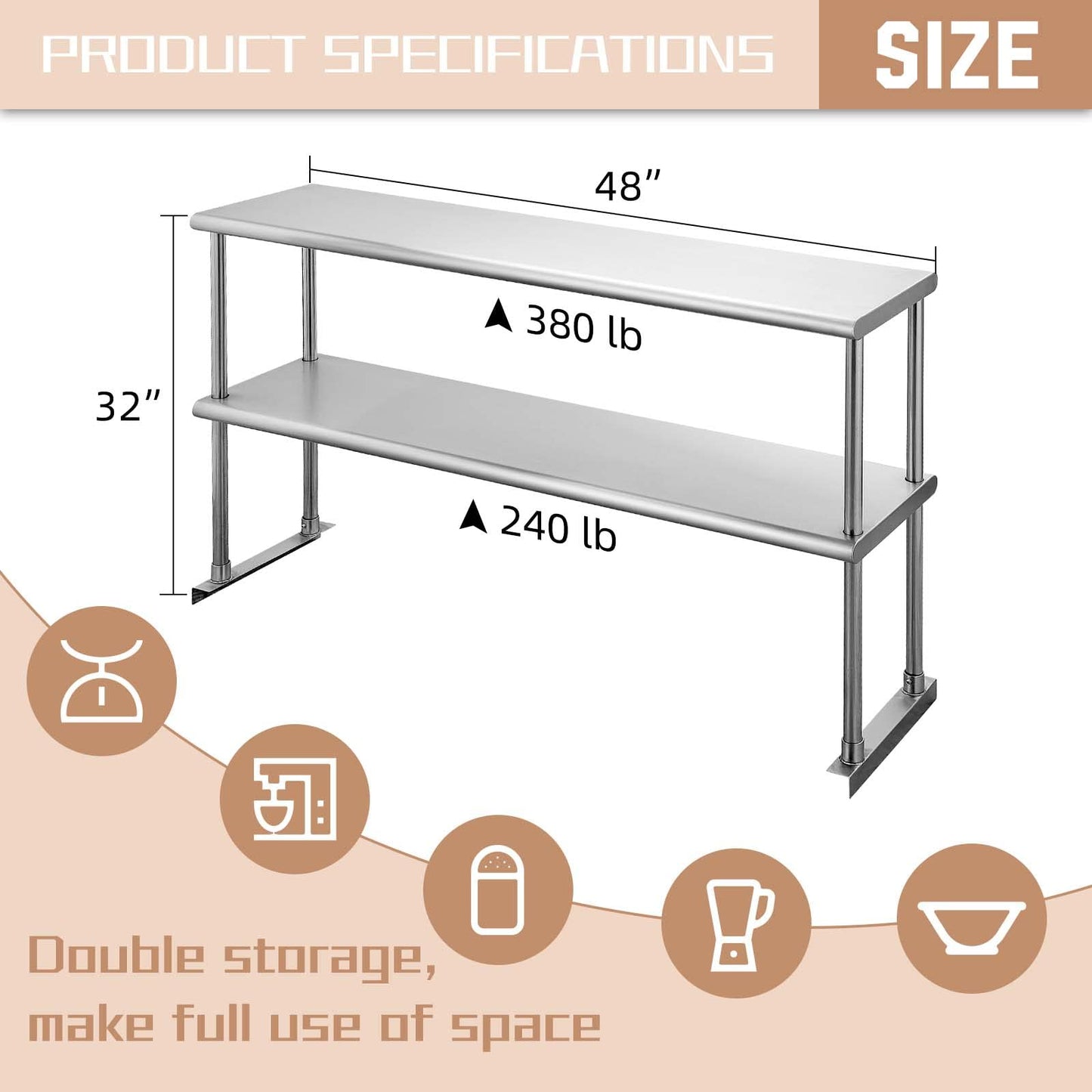 Hally Stainless Steel Table with Double Overshelf for Prep & Work 30 x 48 Inches, NSF Commercial Heavy Duty Table with Undershelf for Restaurant, Home and Hotel