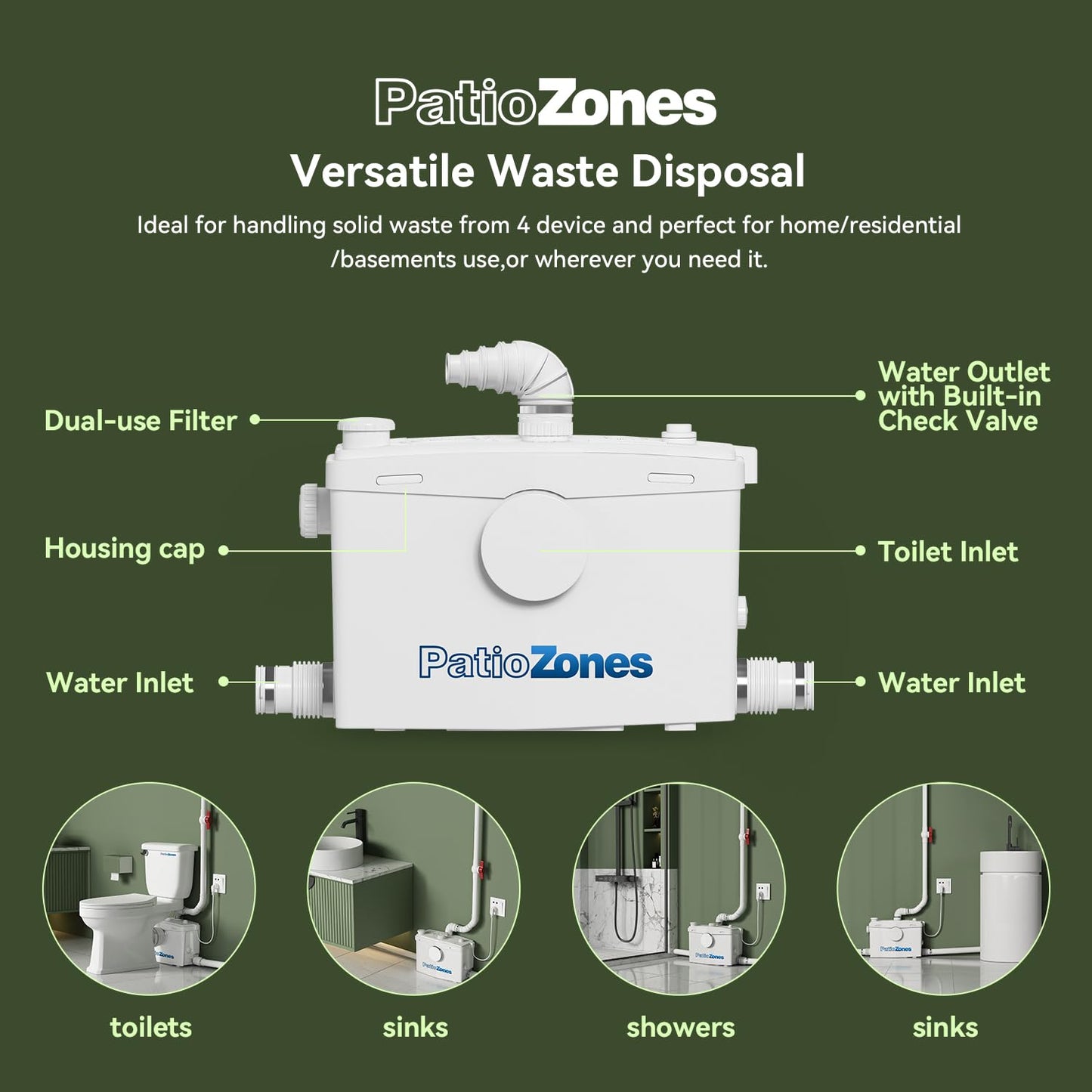 800W Upflush Macerating Toilet for Basement, HIGH POWER Macerator Grinder Pump for Sink/Shower/Bathtub/Laundry, Two Piece Tall Toilet (with Extension Pipe), 36ft Vertical /360ft Horizontal