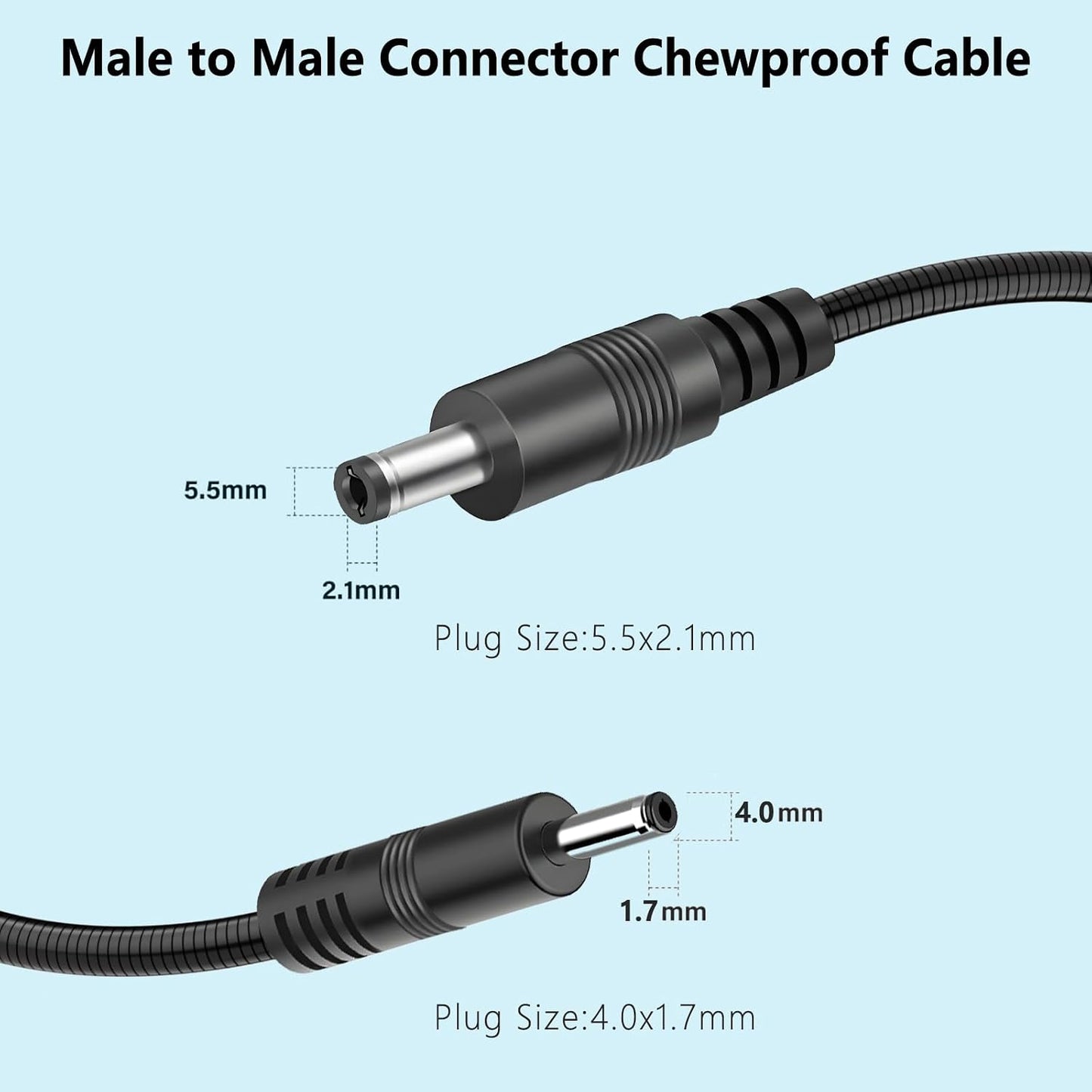 SYGGDERS 5.5 X2.1mm 4.0x1.7mm (6.56FT) Anti Chew Power Cord, Suitable for Solar Panel Connectors, to Male to Male Dc