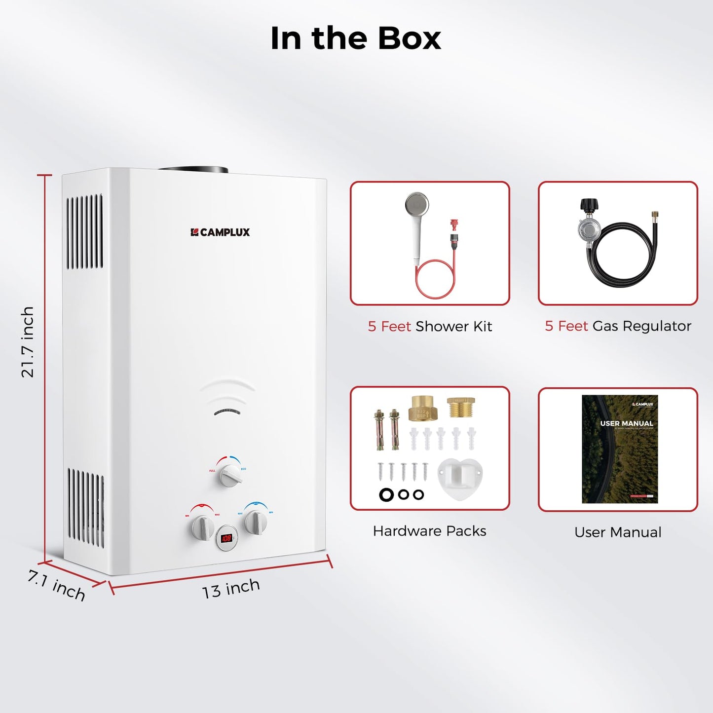 CAMPLUX 2.64 GPM Propane Portable Gas WaterHeater, 68,000 BTU Outdoor Tankless CampingWater Heater with Digital Display, White,BW264
